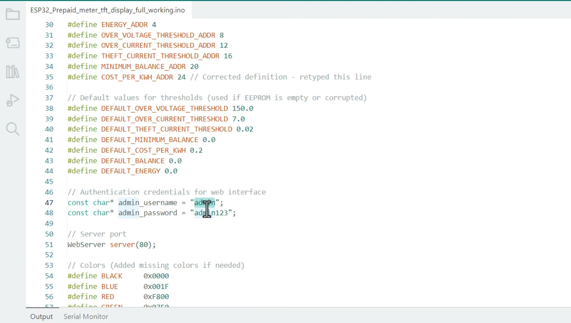 Section of code showing web server credentials