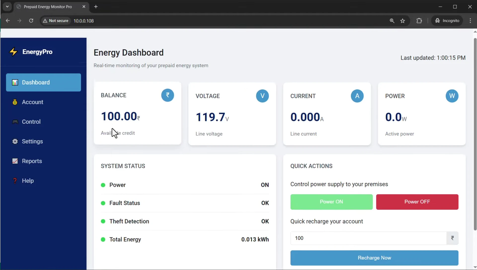 Web dashboard showing recharge functionality