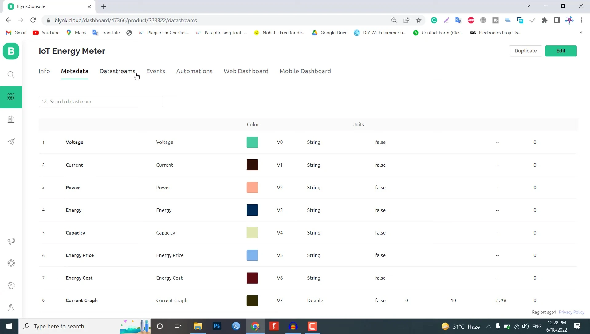 Blynk data stream setup interface