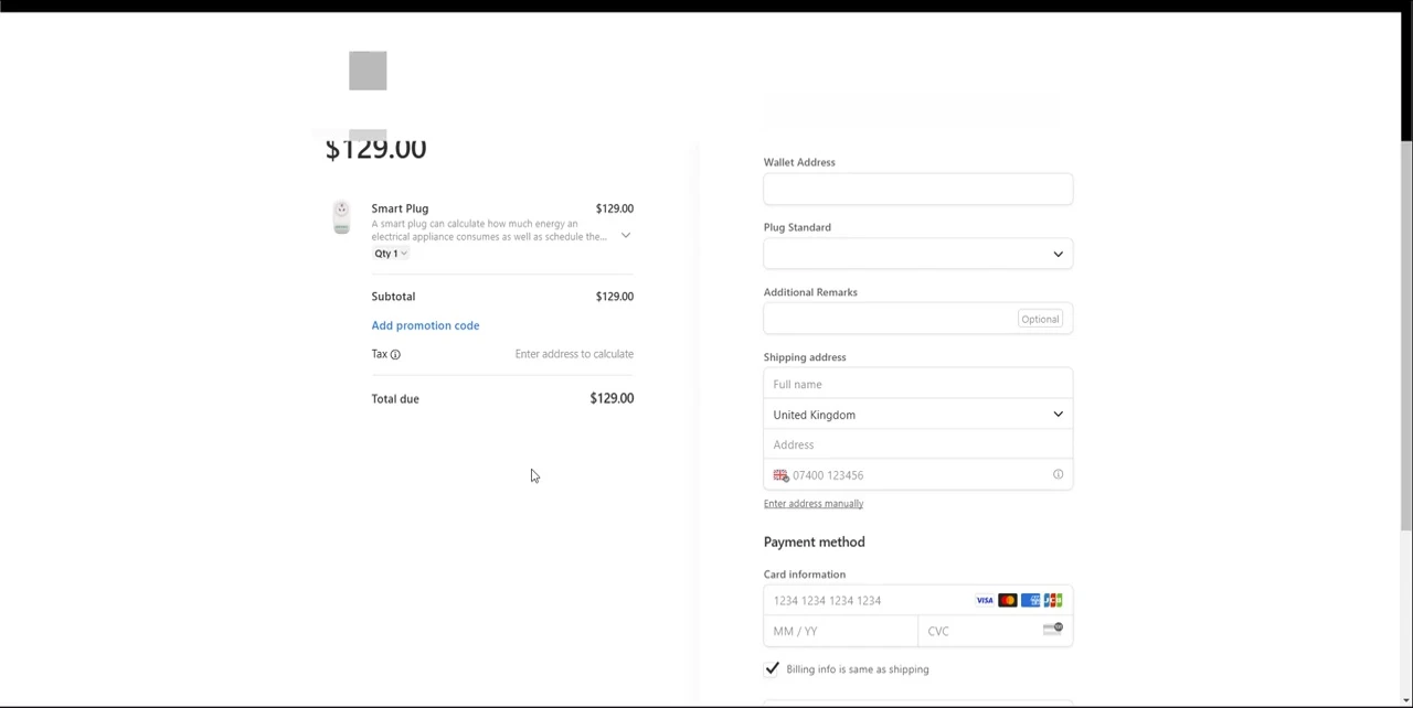 Screenshot showing the price and payment options for the smart plug.