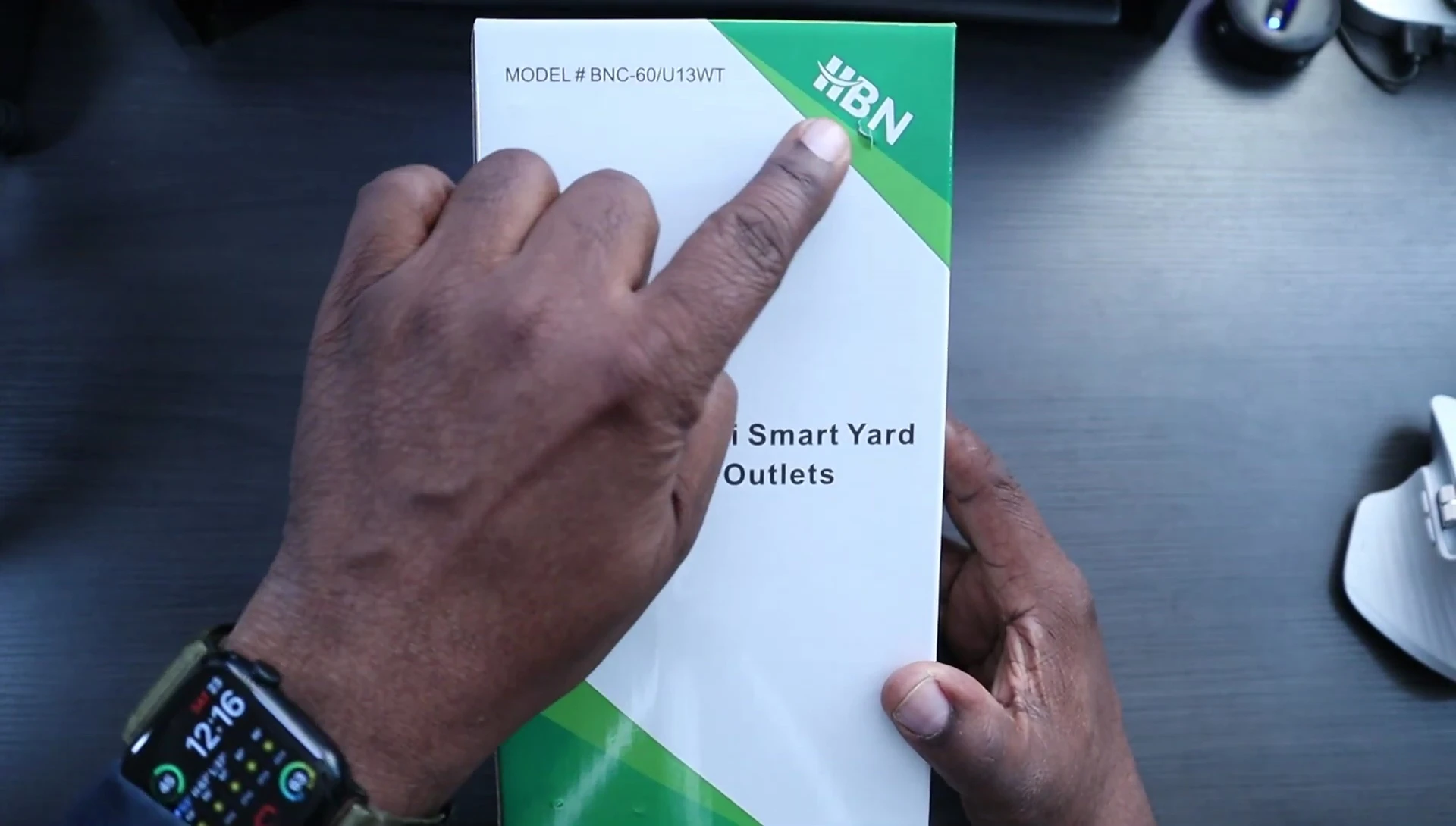 HBN Outdoor Smart Plug packaging showing the model number and key features.