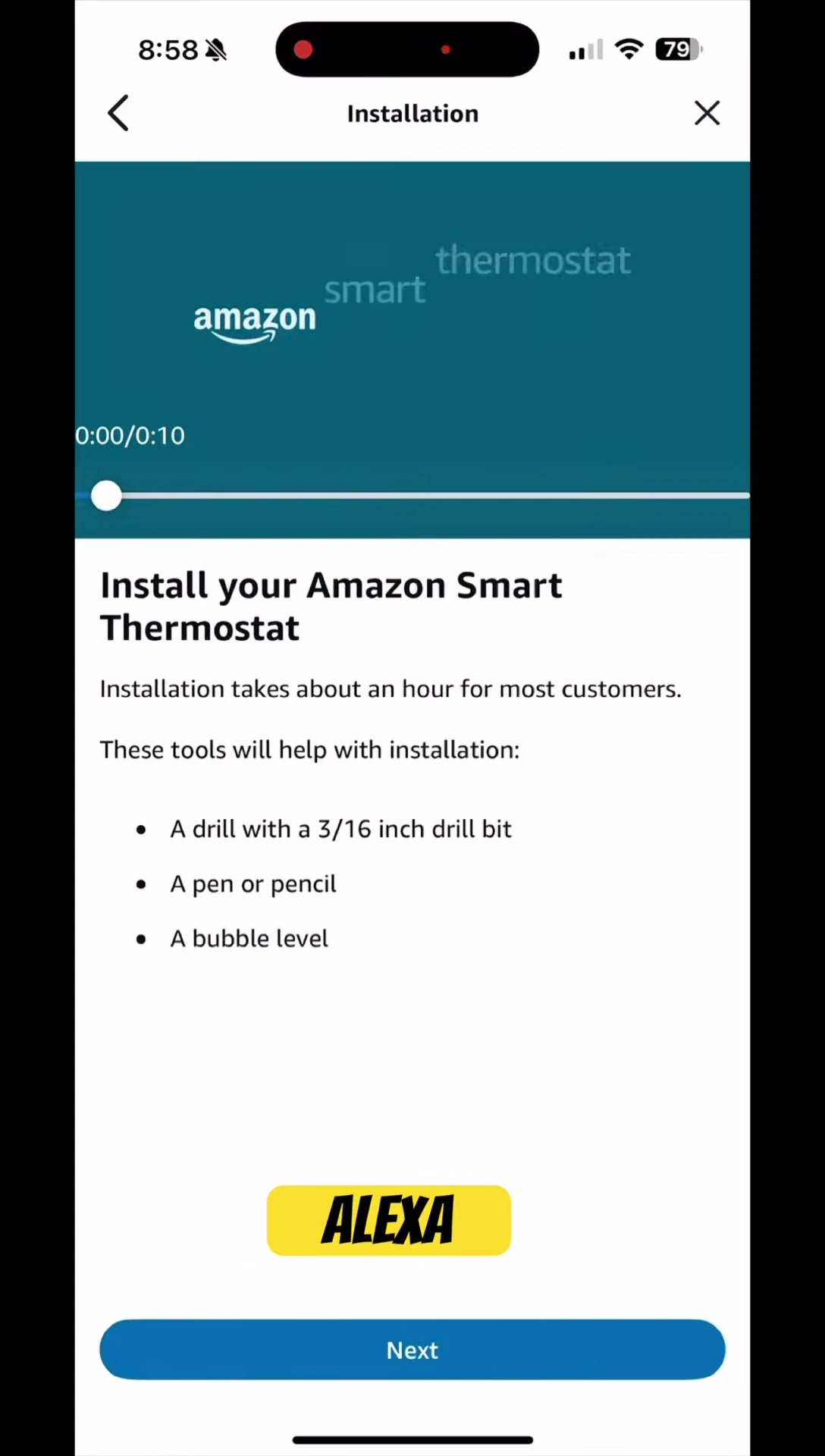 Screenshot of the Alexa app, displaying the step-by-step installation instructions.