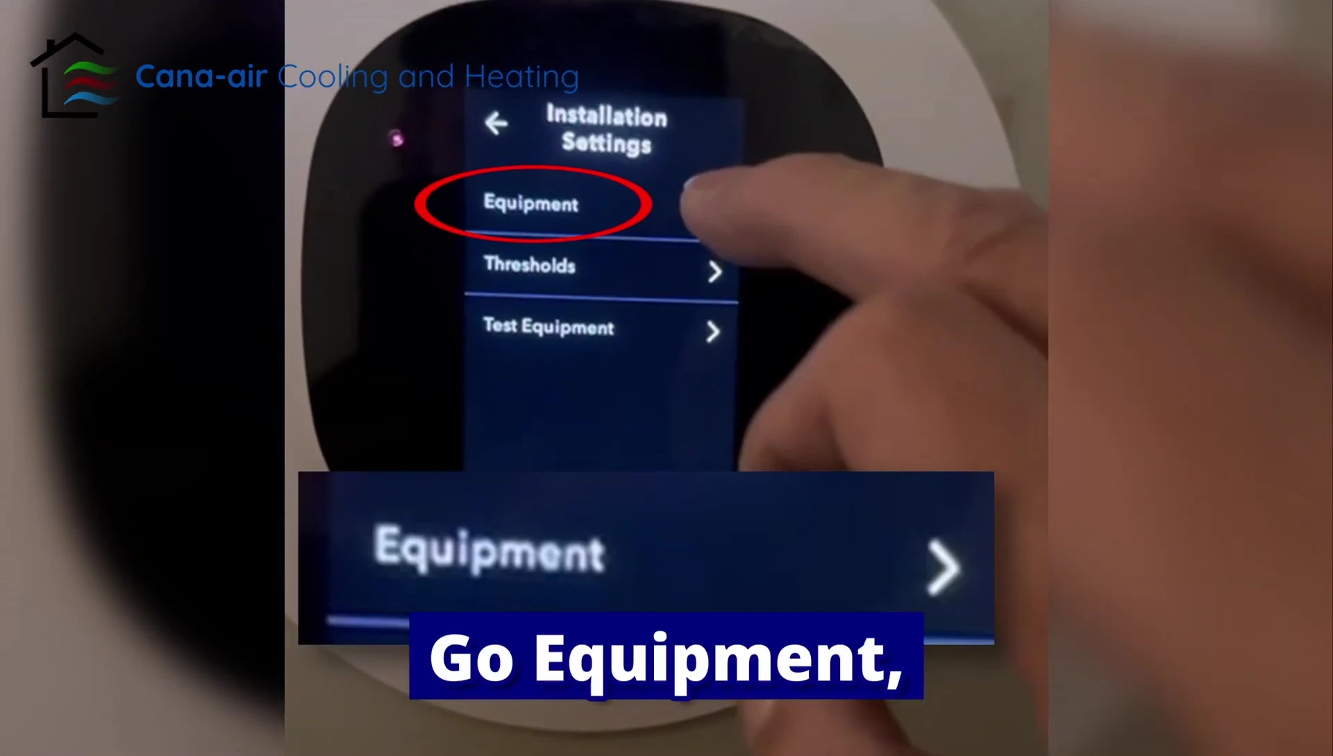 Screenshot showcasing the navigation to the equipment configuration settings within the Ecobee menu.