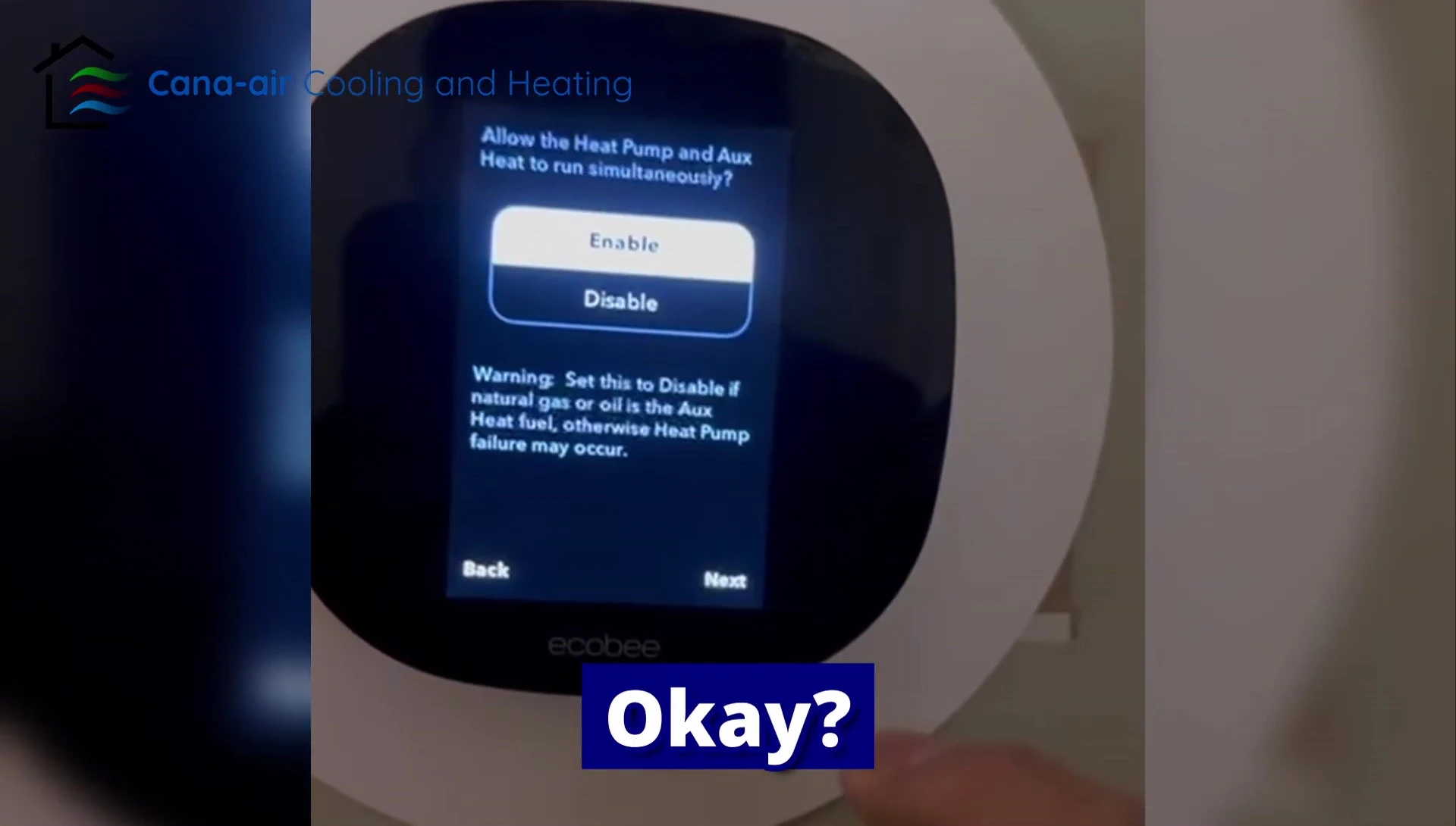 Screenshot of the Ecobee screen showing the settings related to the heat pump and auxiliary heat.