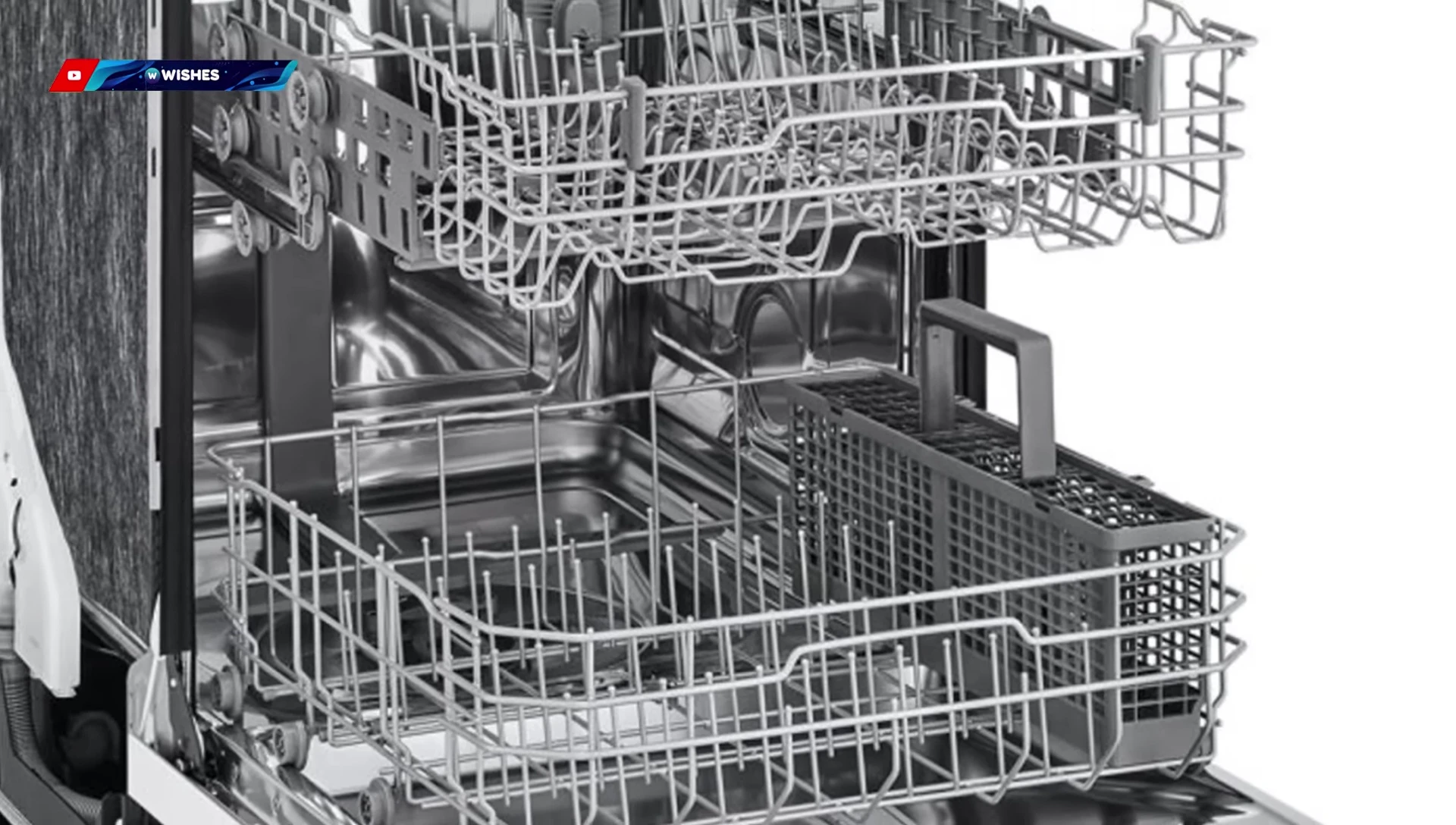 Interior of LG dishwasher showcasing its spaciousness and adjustable racks