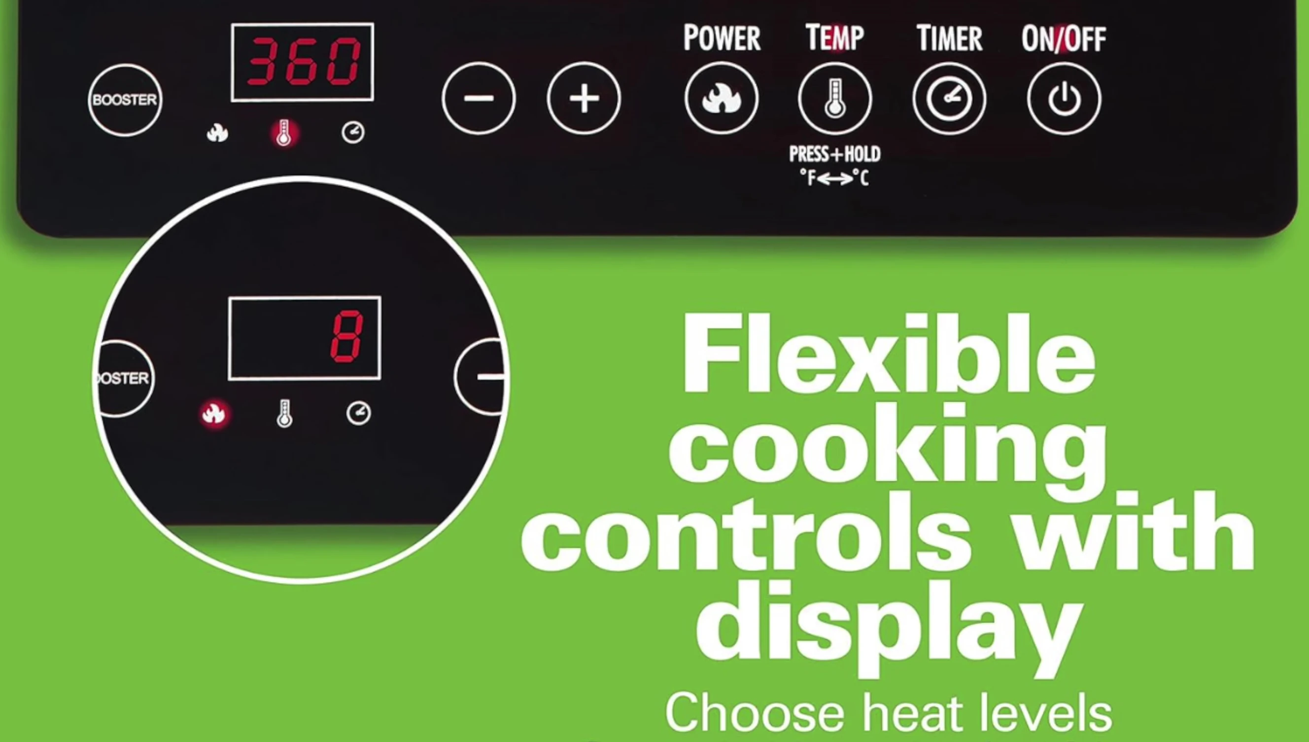 Close up of the control panel showing heat levels