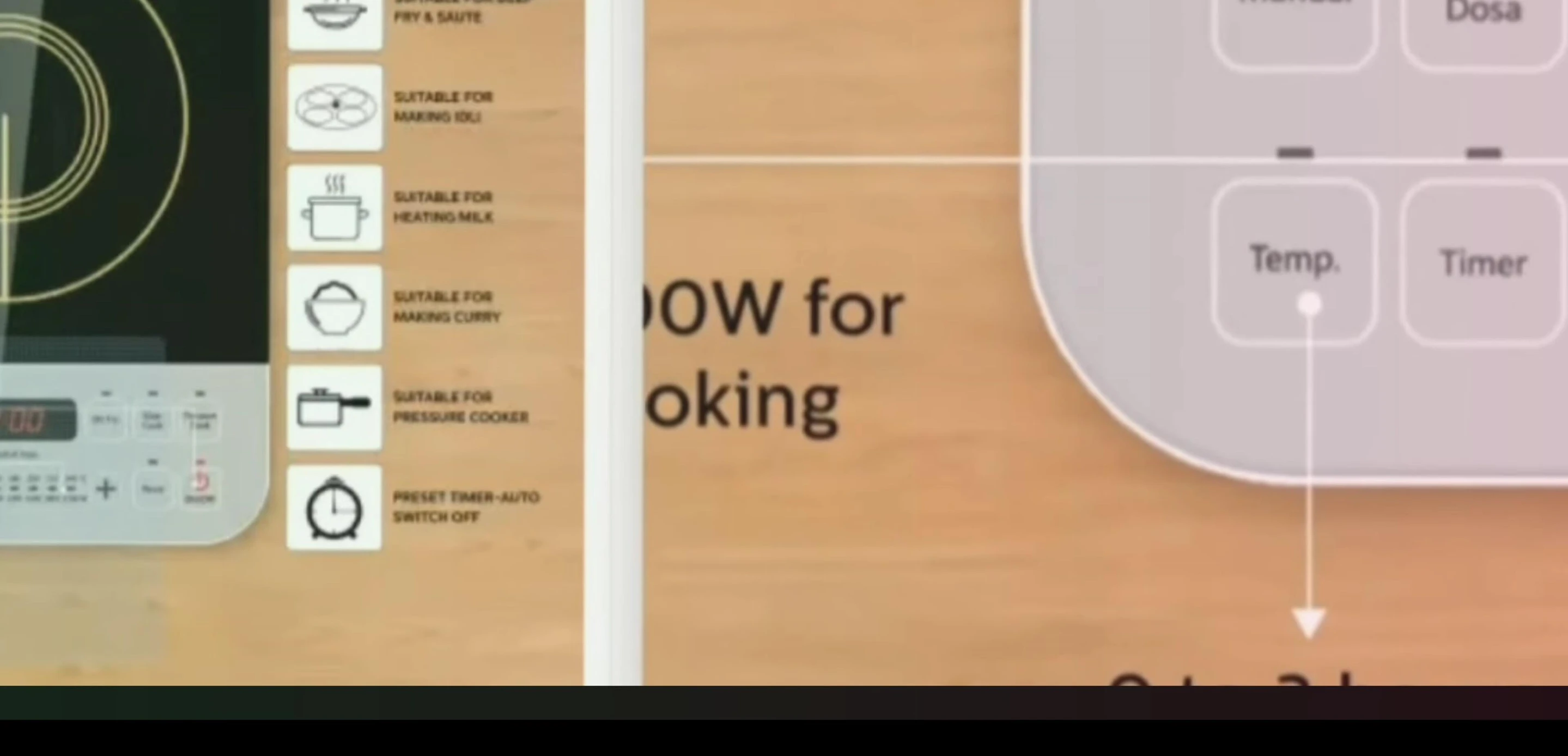 Text on the screen mentioning compatible utensils.