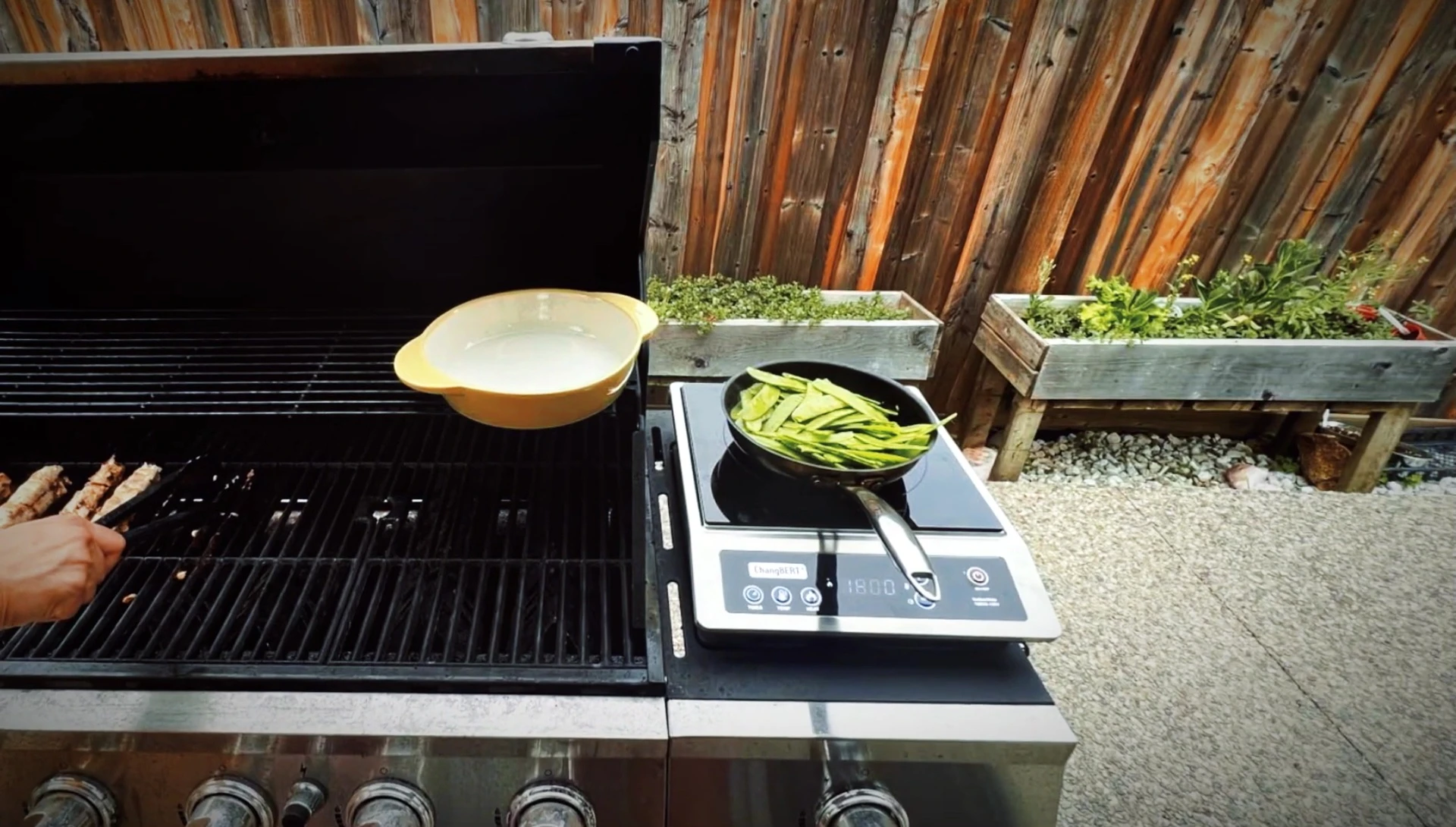 Water boiling rapidly on the cooktop.