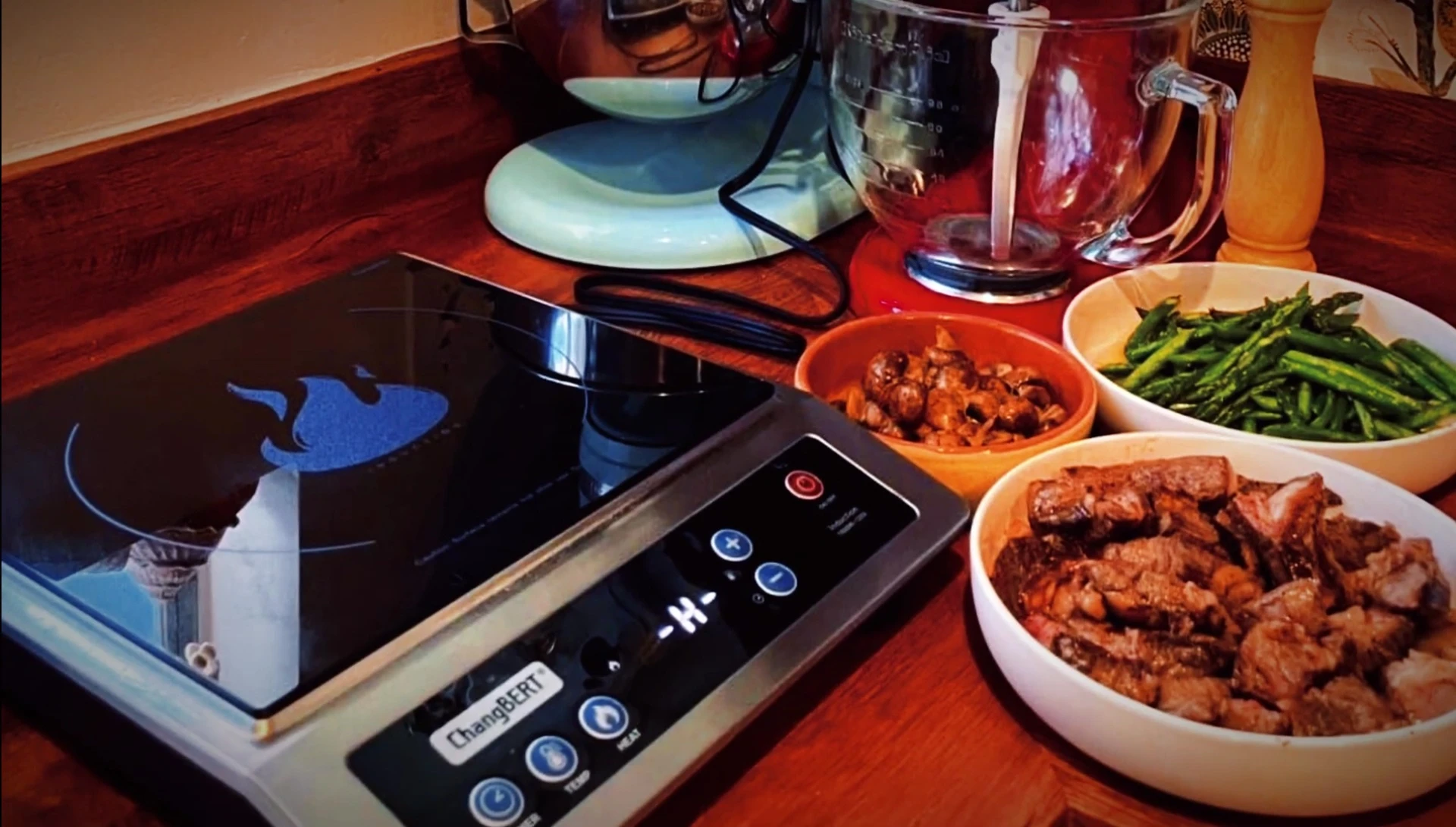 The cooktop running at high power, emphasizing its quiet operation.