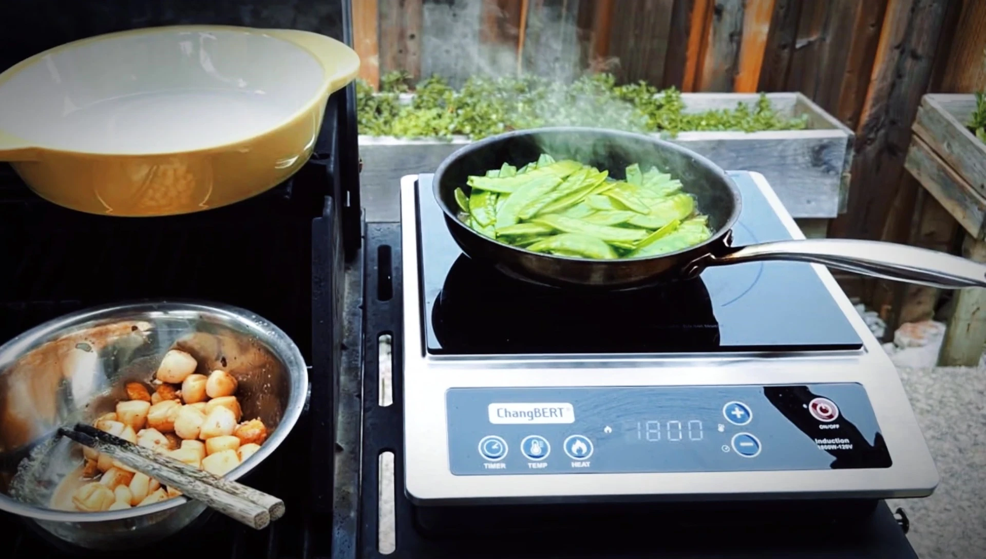 Montage of users using the cooktop in different settings