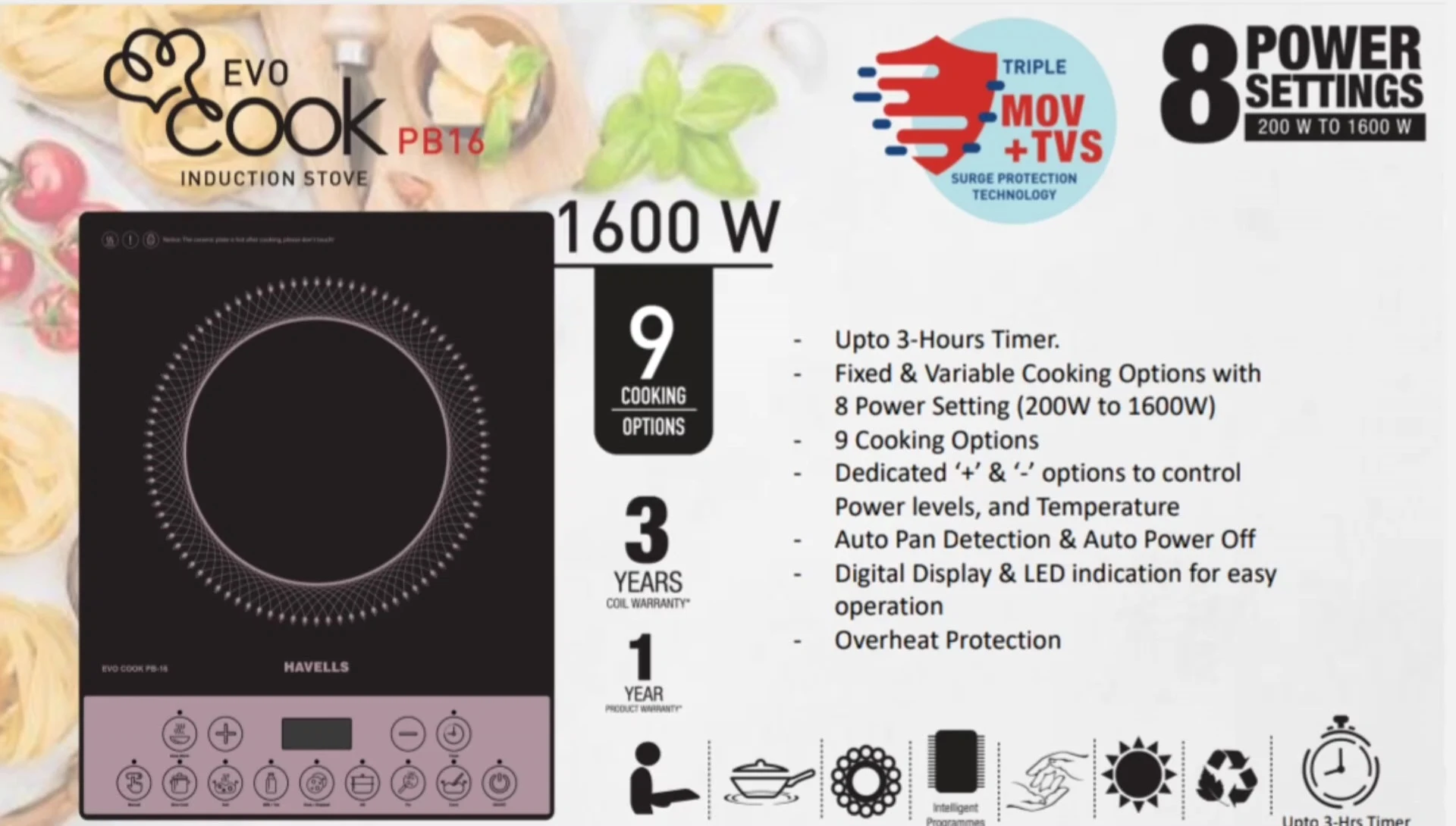 Display showing the eight power settings and timer features.