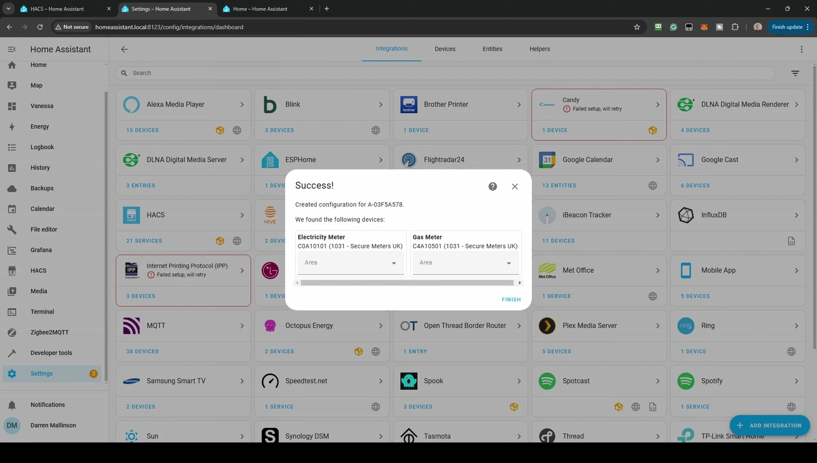 Adding electricity and gas meter details in Home Assistant