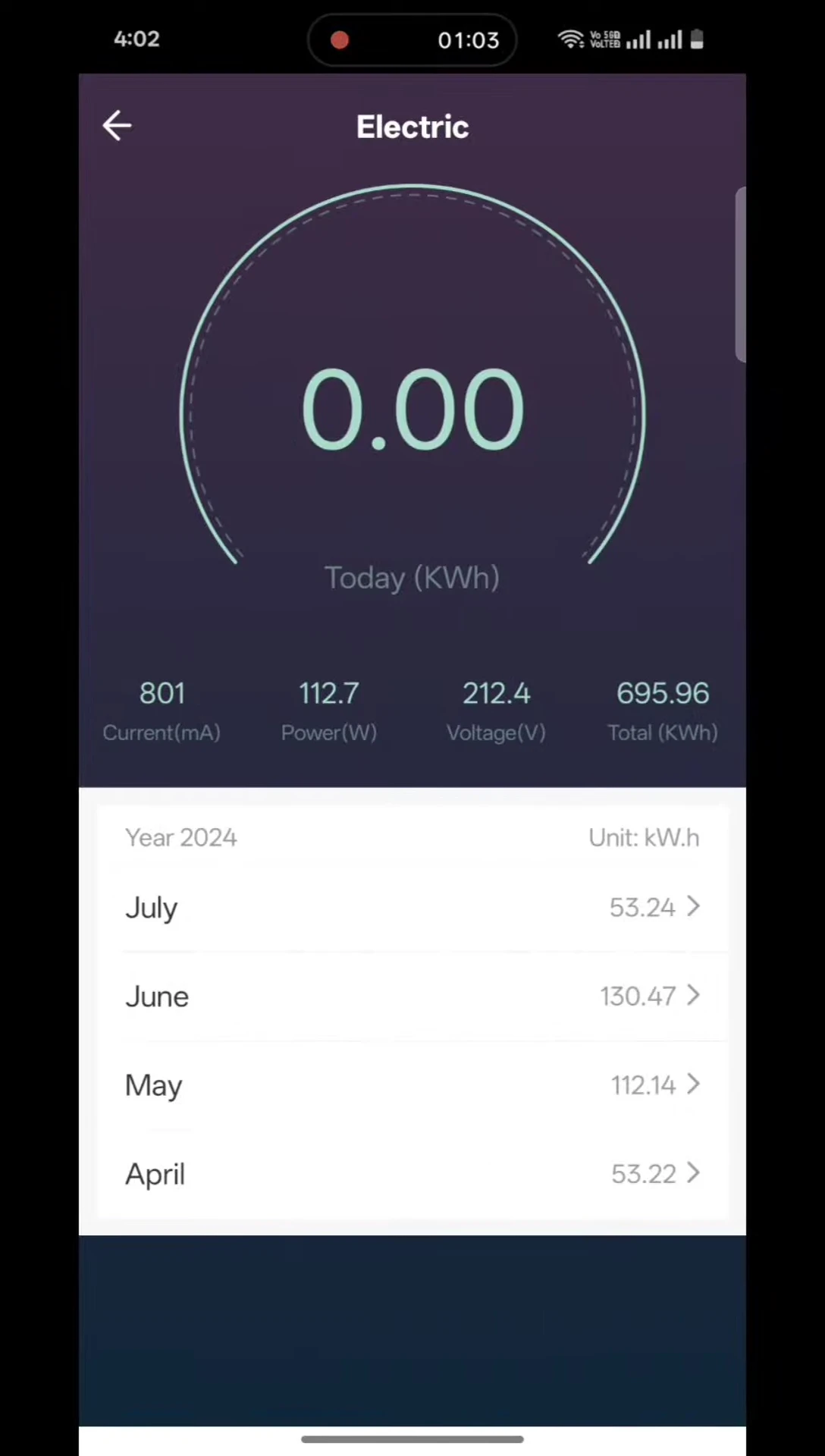 Screenshot of real-time energy consumption stats on the app