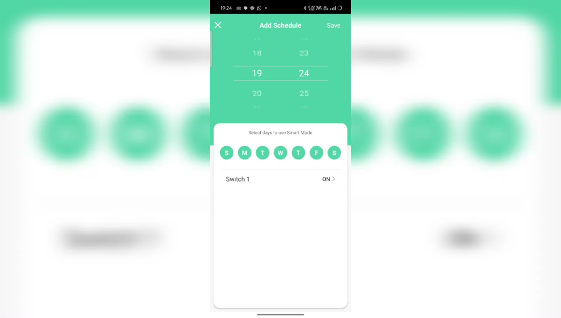 The schedule settings screen in the Bajaj app, showing the daily on/off schedule.