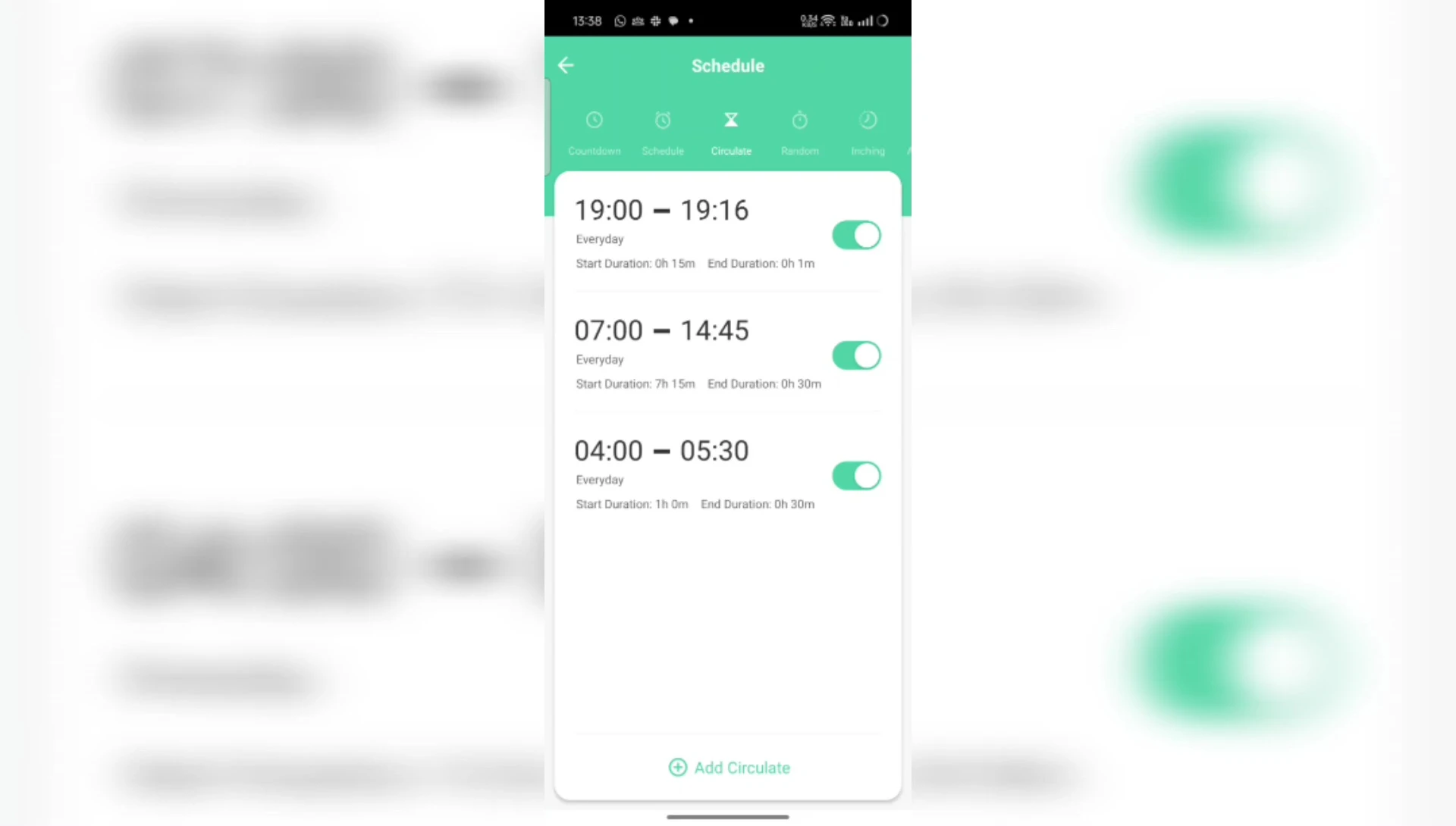 The circulate tab on the Bajaj app for setting complex on/off cycles.
