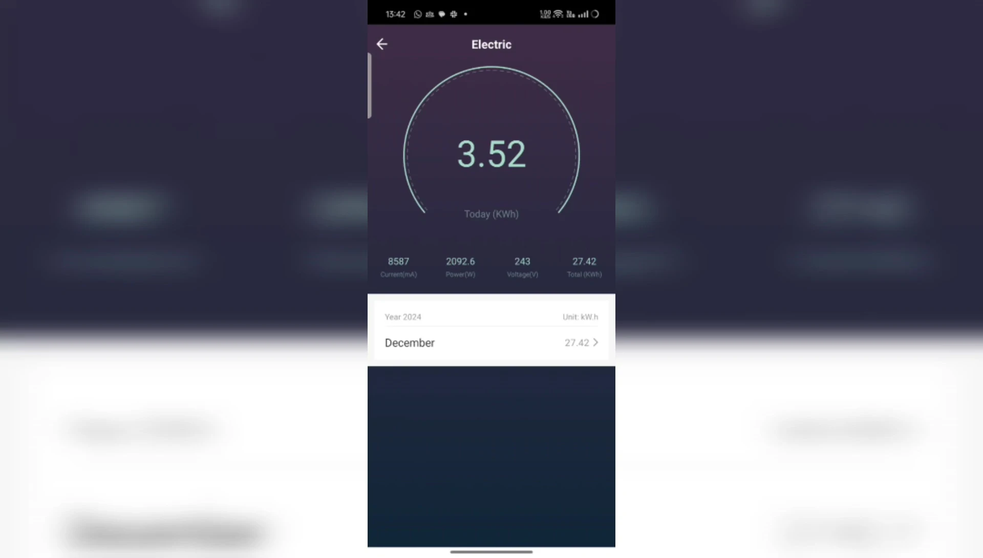 Screenshot showing the electricity usage monitoring section of the Bajaj app.