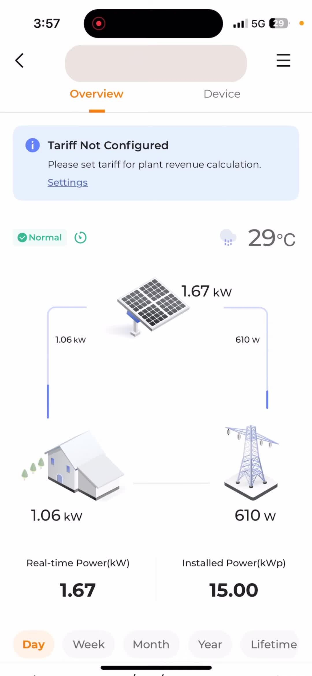 Screenshot showing real-time solar panel production, grid export, and home consumption.