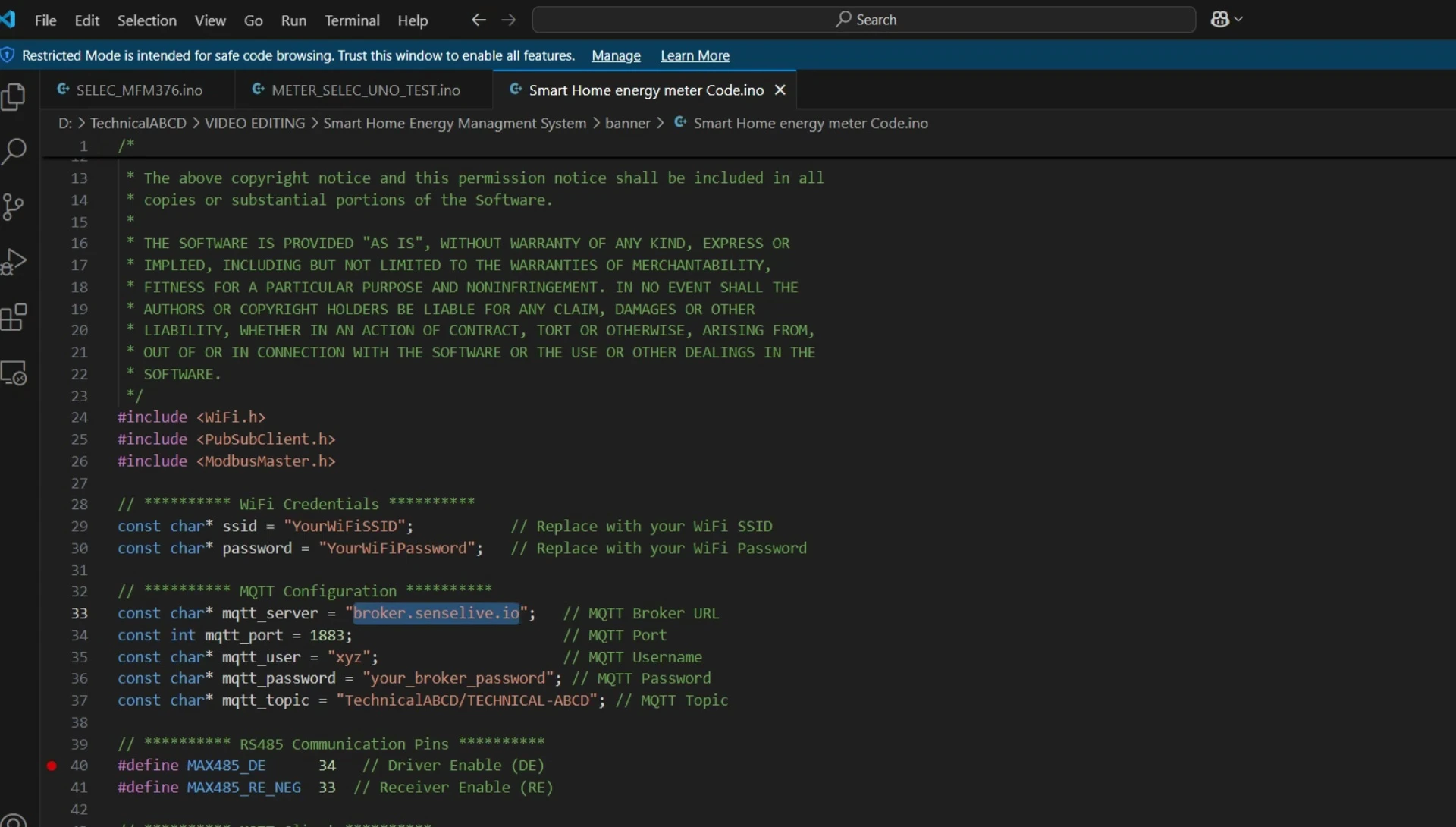 Screenshot showing MQTT broker configuration within the code