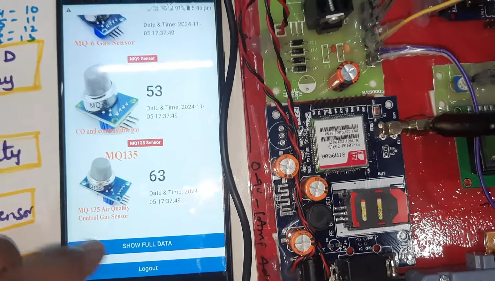 Screenshot of the web interface displaying sensor data.