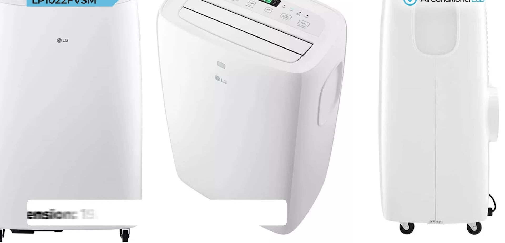 Dimensions of the LG 14,000 BTU portable AC are displayed.