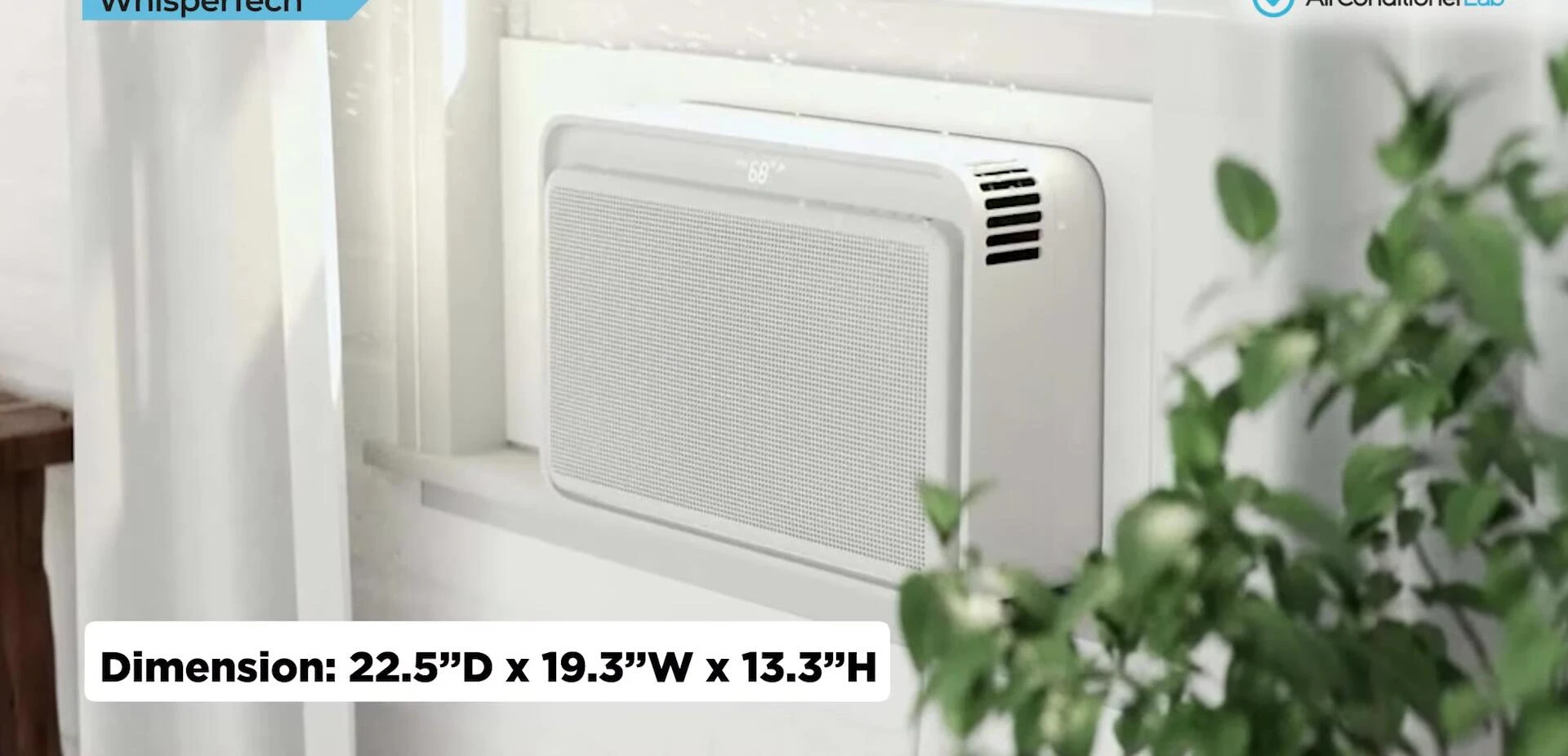 Dimensions of the Windmill window AC are displayed.