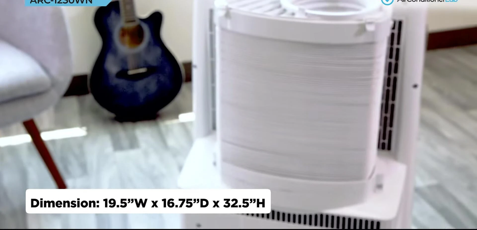 Dimensions of the Winter portable AC are displayed.