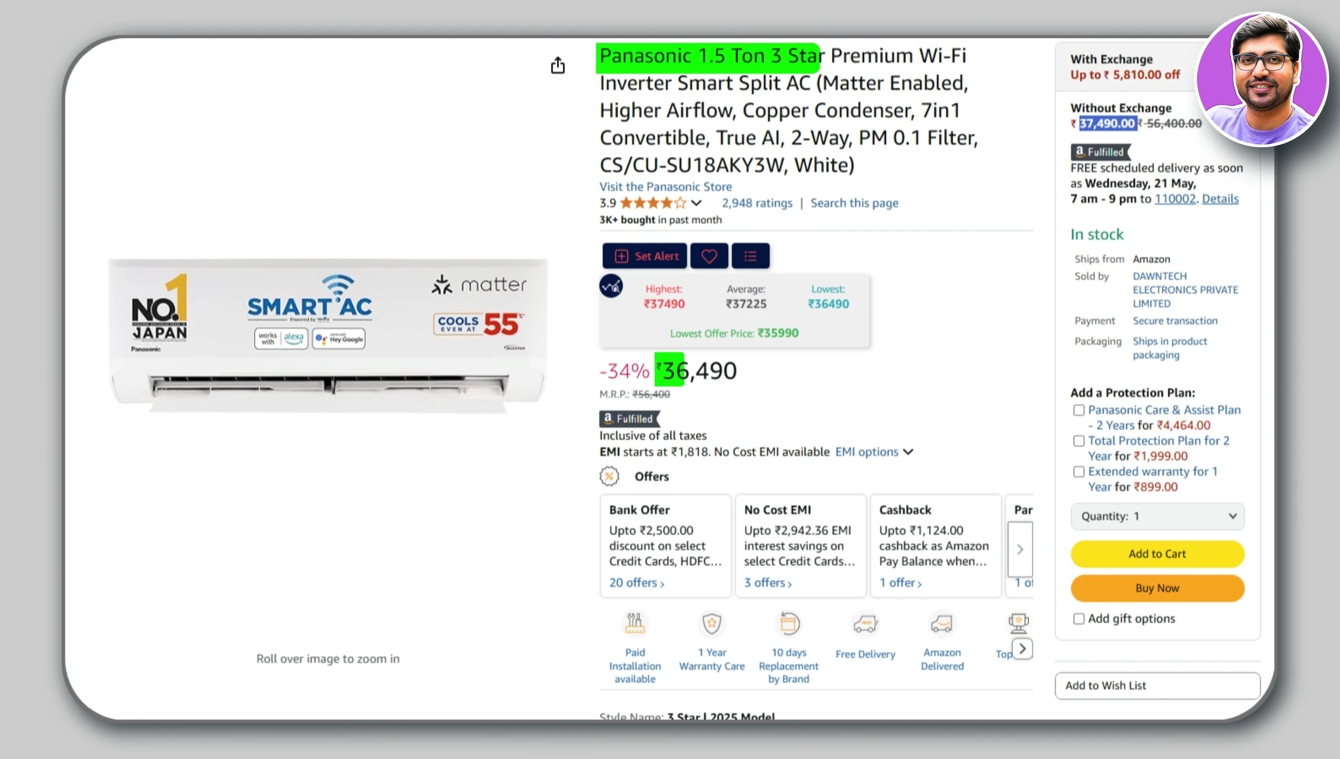 Panasonic 1.5 Ton 3 Star AC features and price