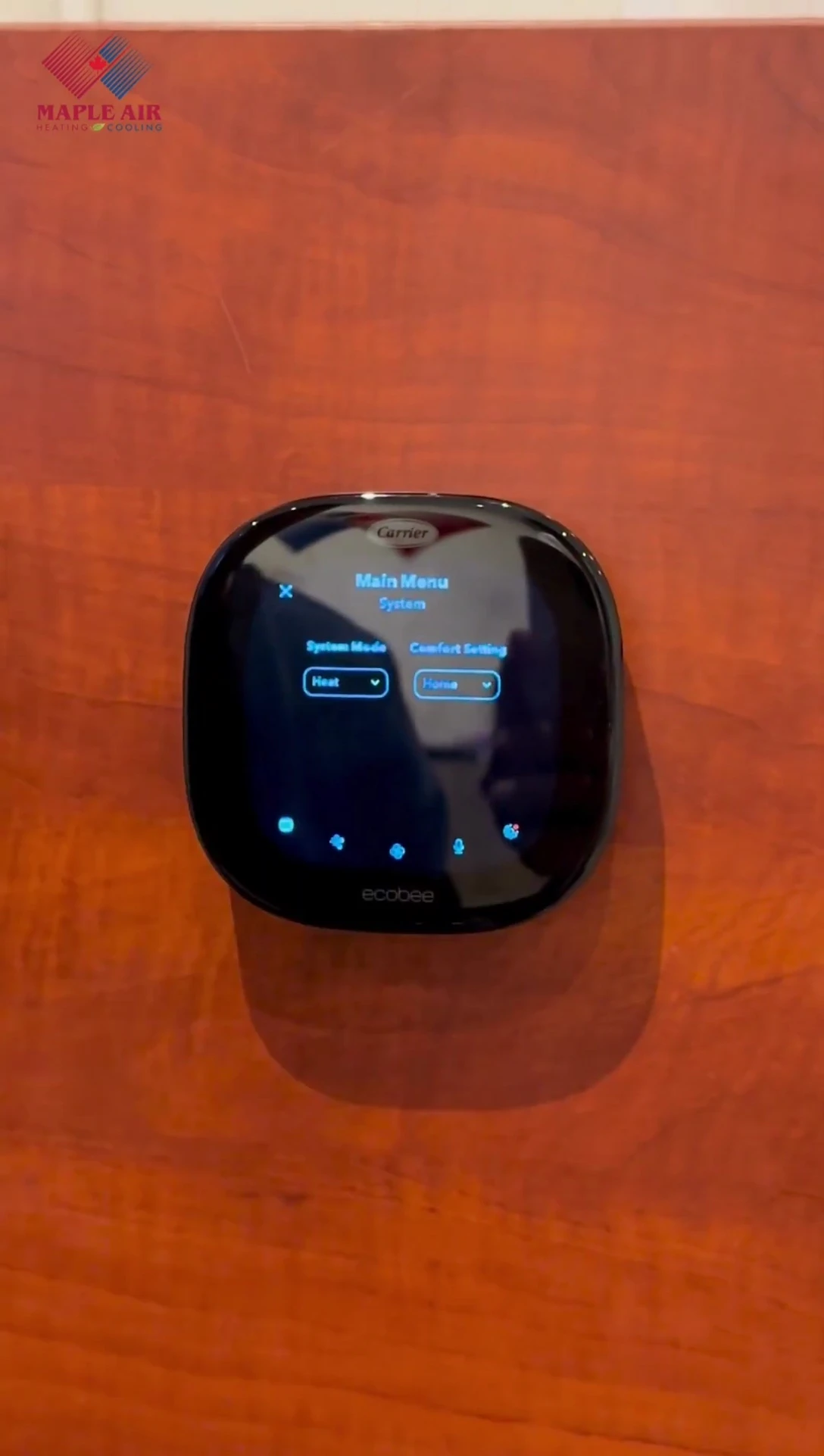 Screenshot showing the Ecobee thermostat's main menu, highlighting the path to settings.