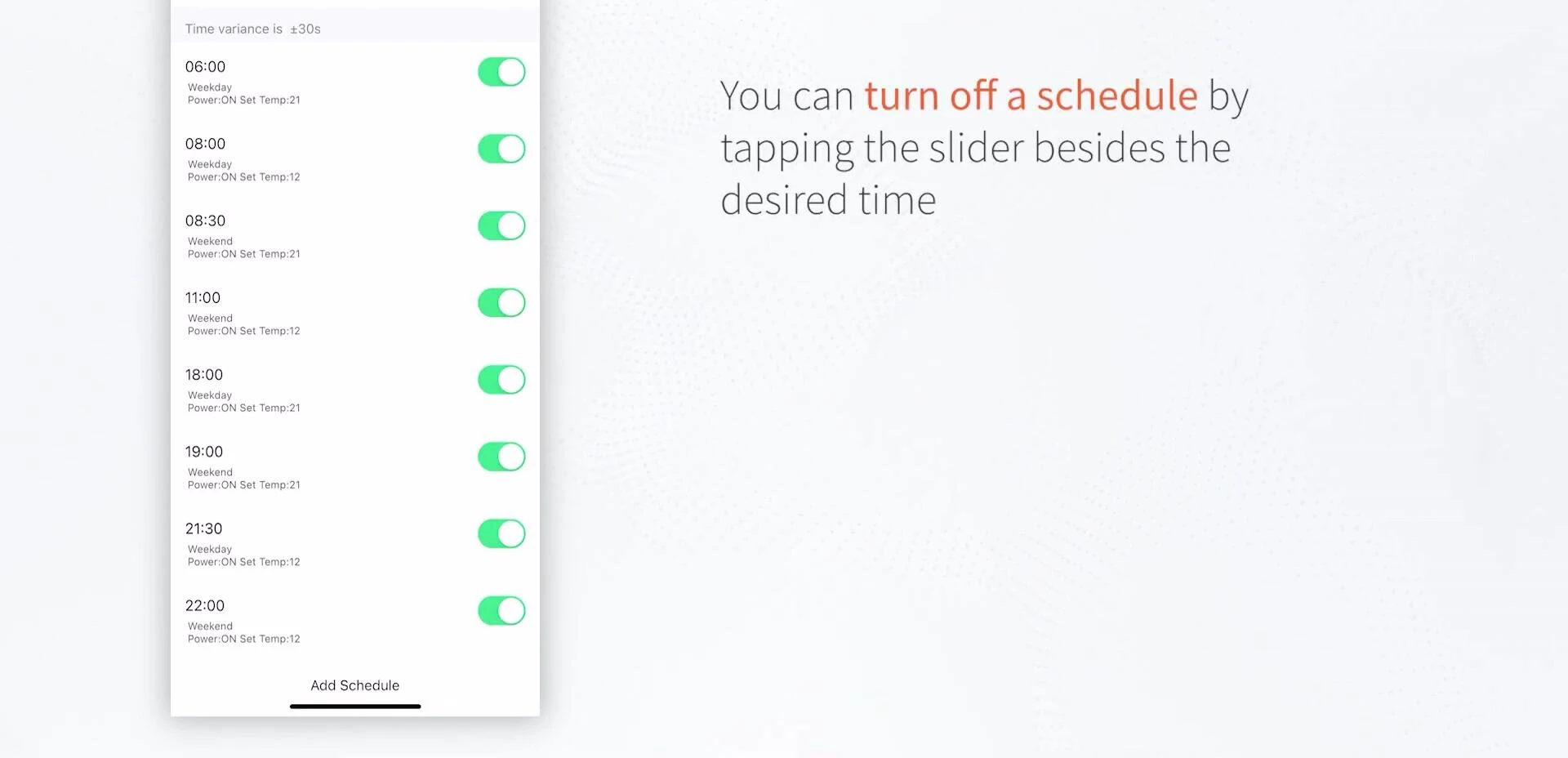 Screenshot showing the on/off switch for schedules
