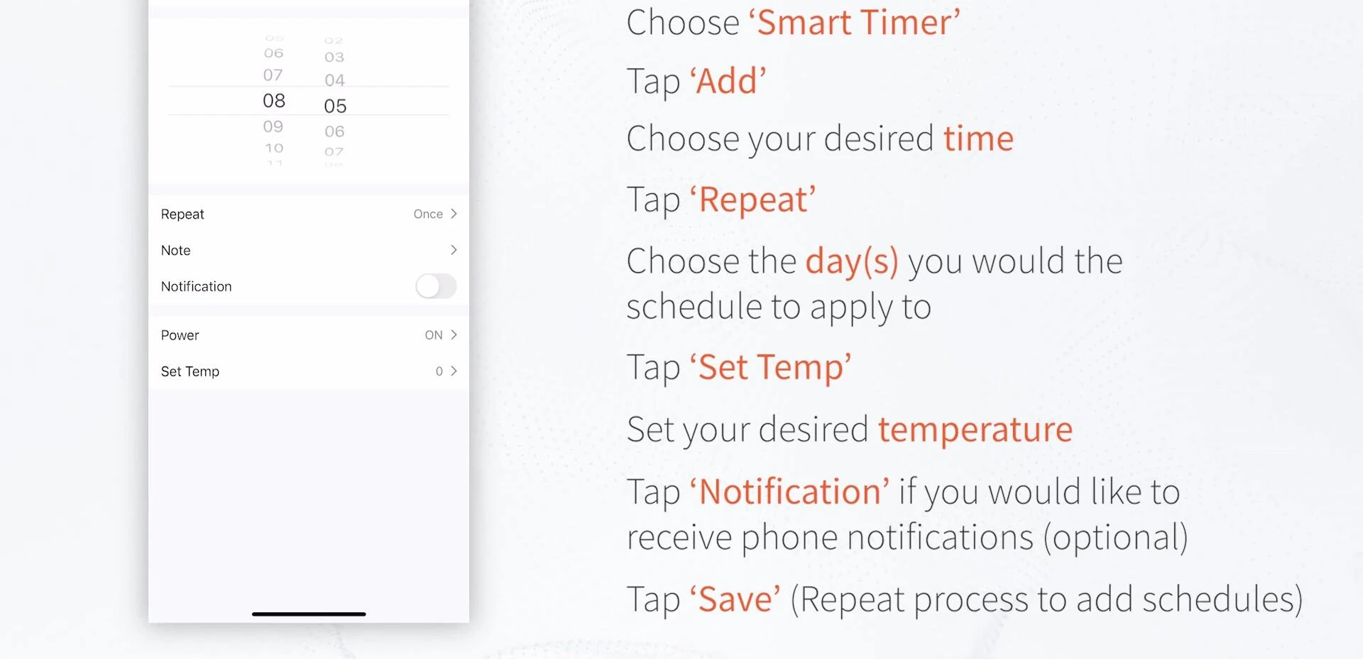 Screenshot showing the time selection for the heater turn-off schedule