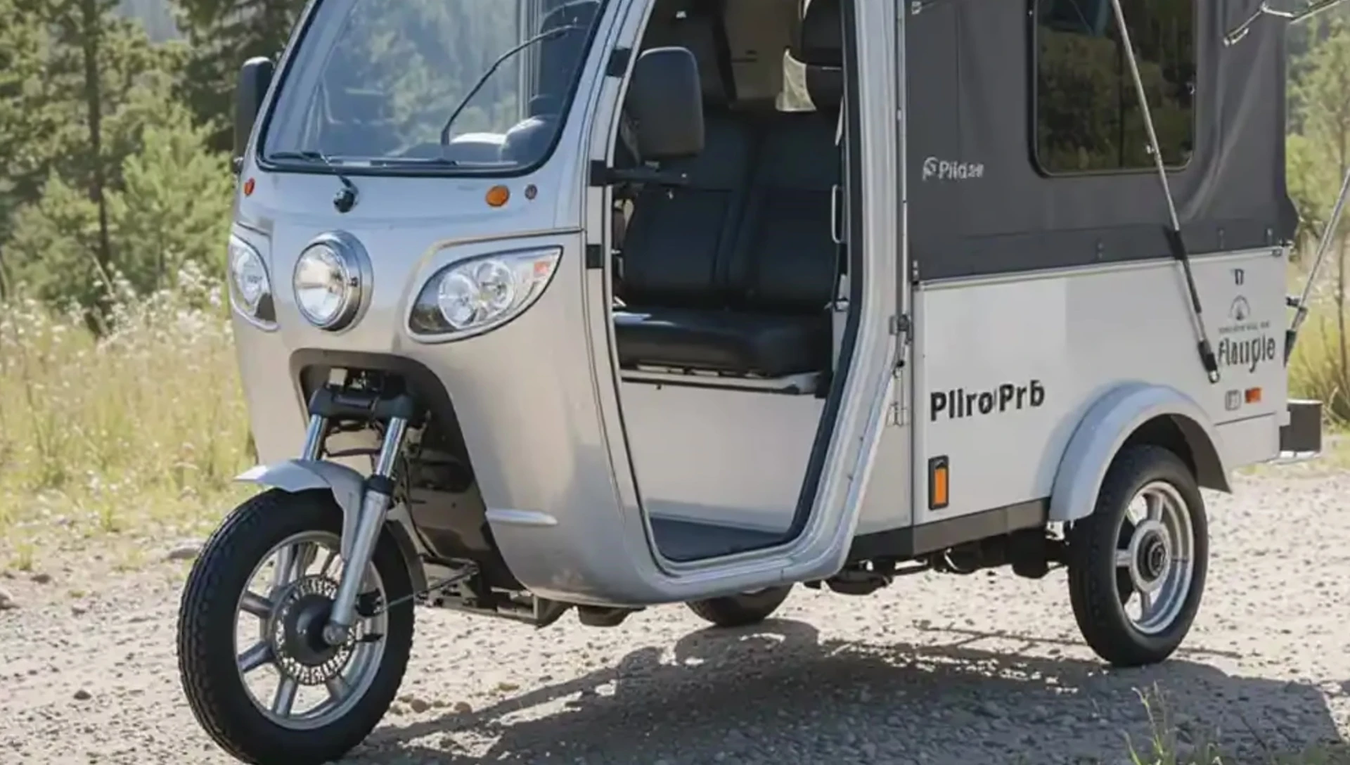A shot highlighting the trike's frame and suspension