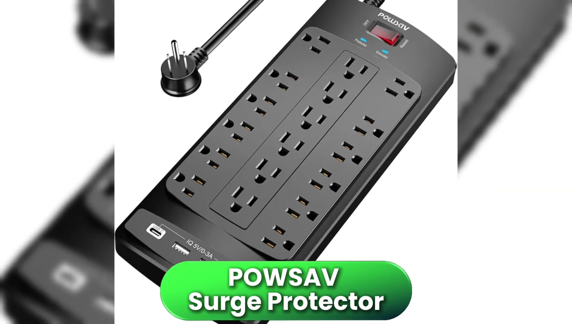 The POAV surge protector showcasing its many outlets