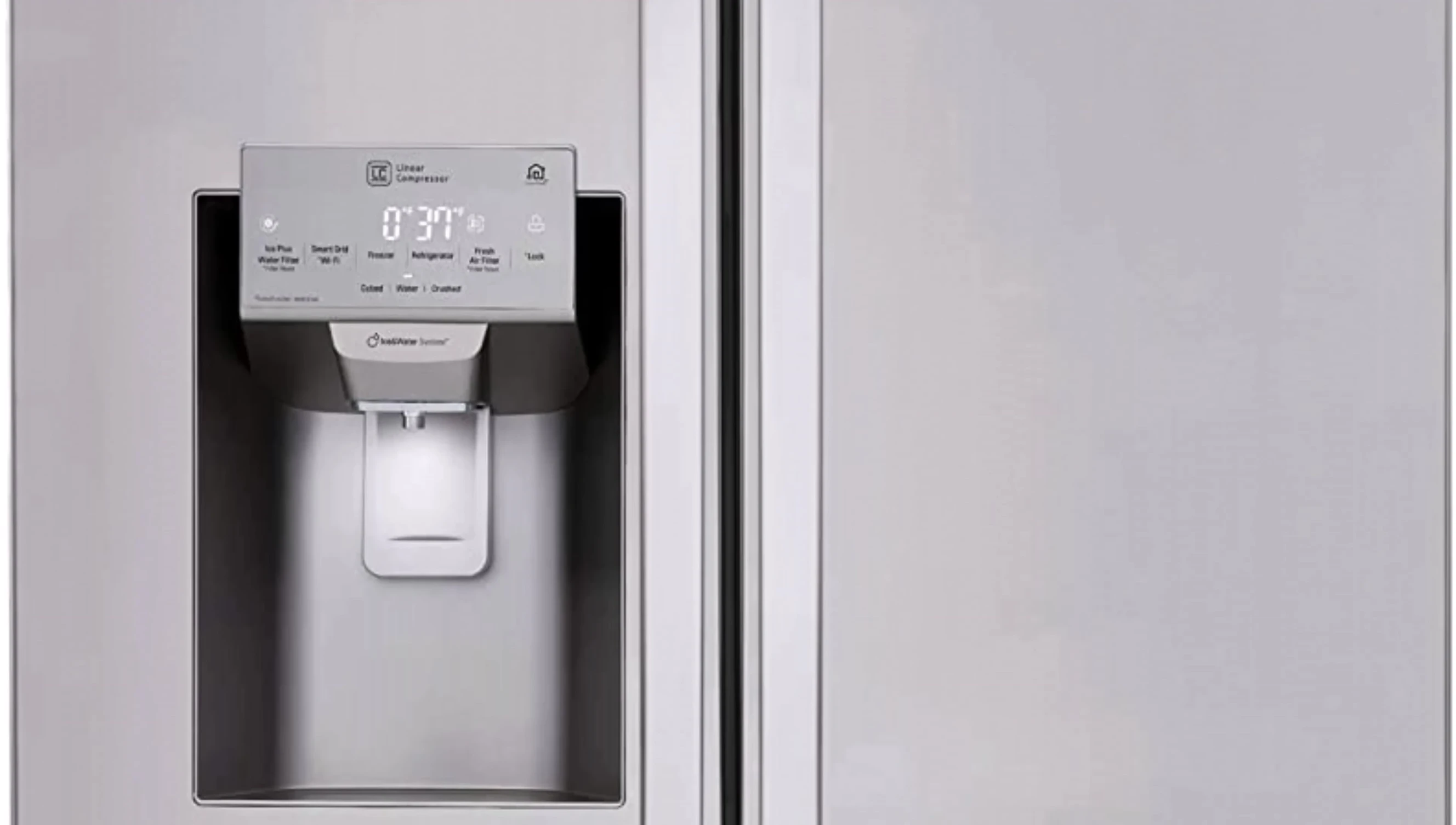 Close-up shot of the LG refrigerator's control panel and features