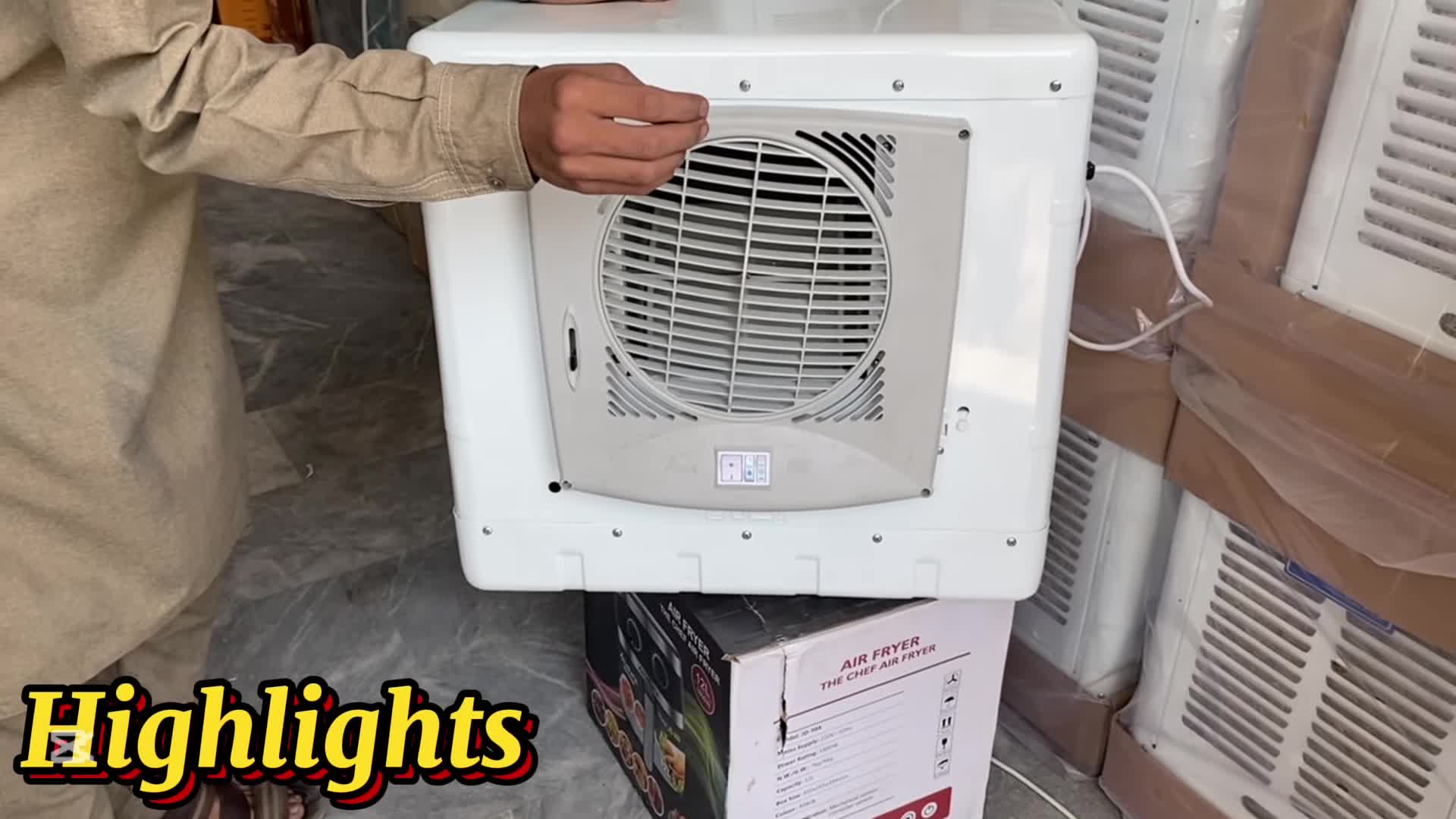 The seller emphasizing the low running cost of the cooler.