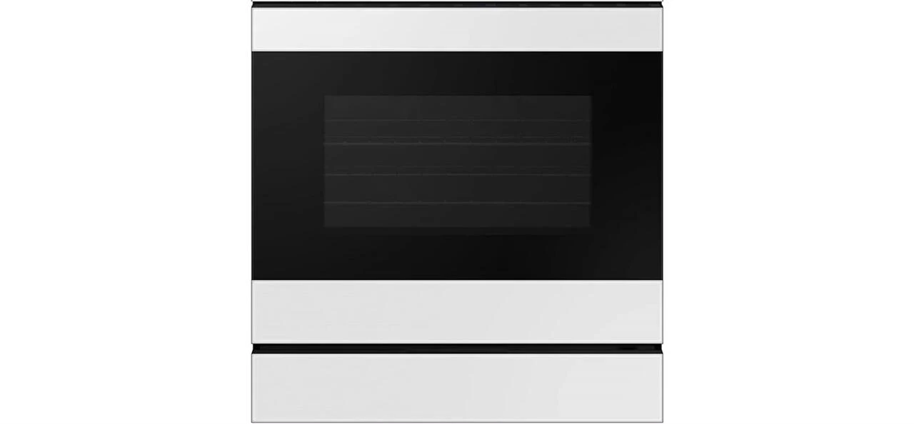 Close-up shot of the Samsung Bespoke induction range, highlighting its slide-in design and control panel.