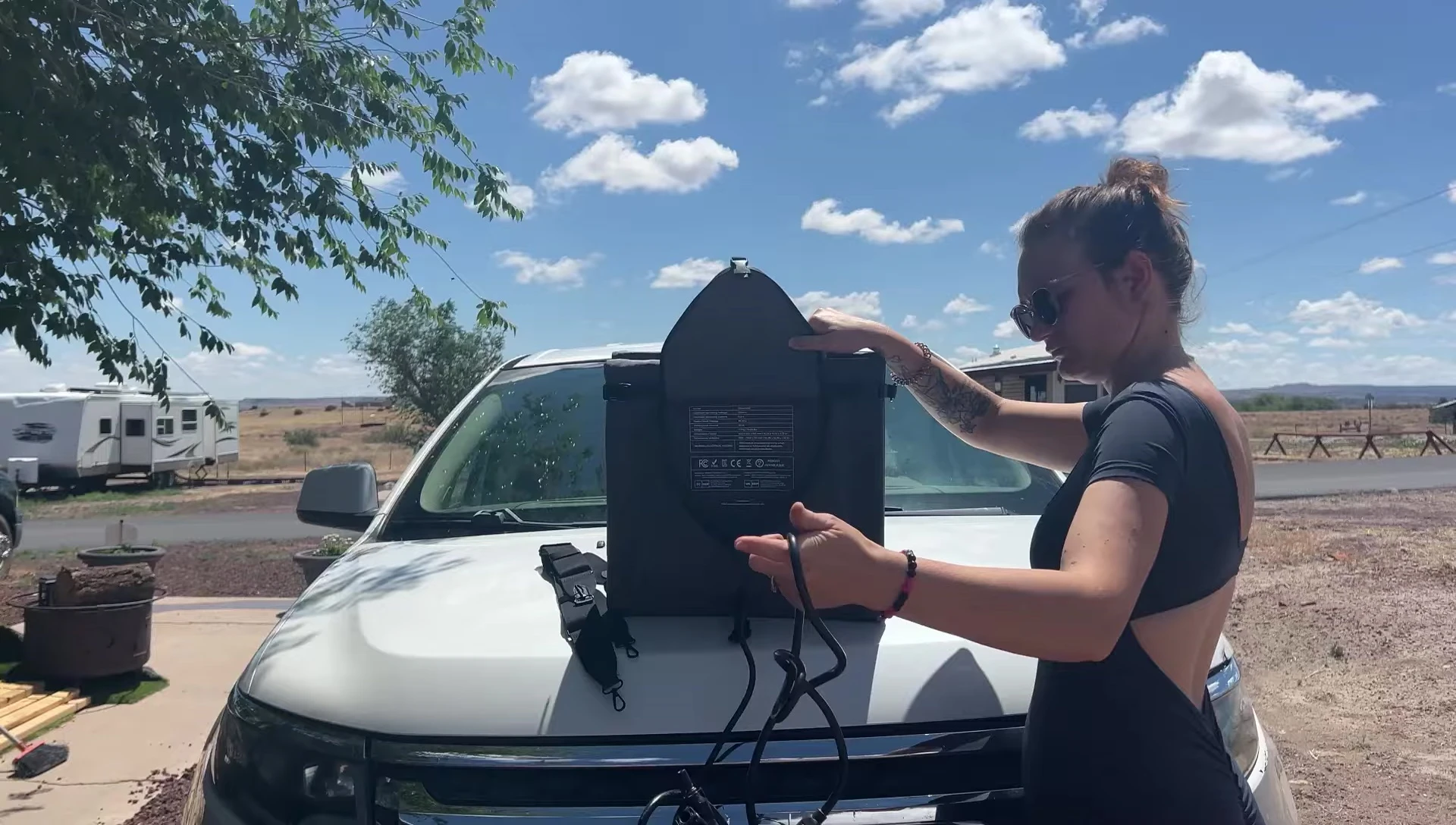 Shot showcasing the specifications label and other details about the Renogy solar blanket.