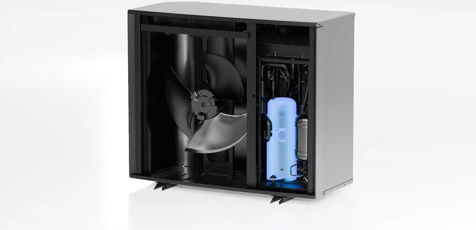 Close-up shot of the heat pump's internal components, highlighting the compressor, fan, and heat exchanger.