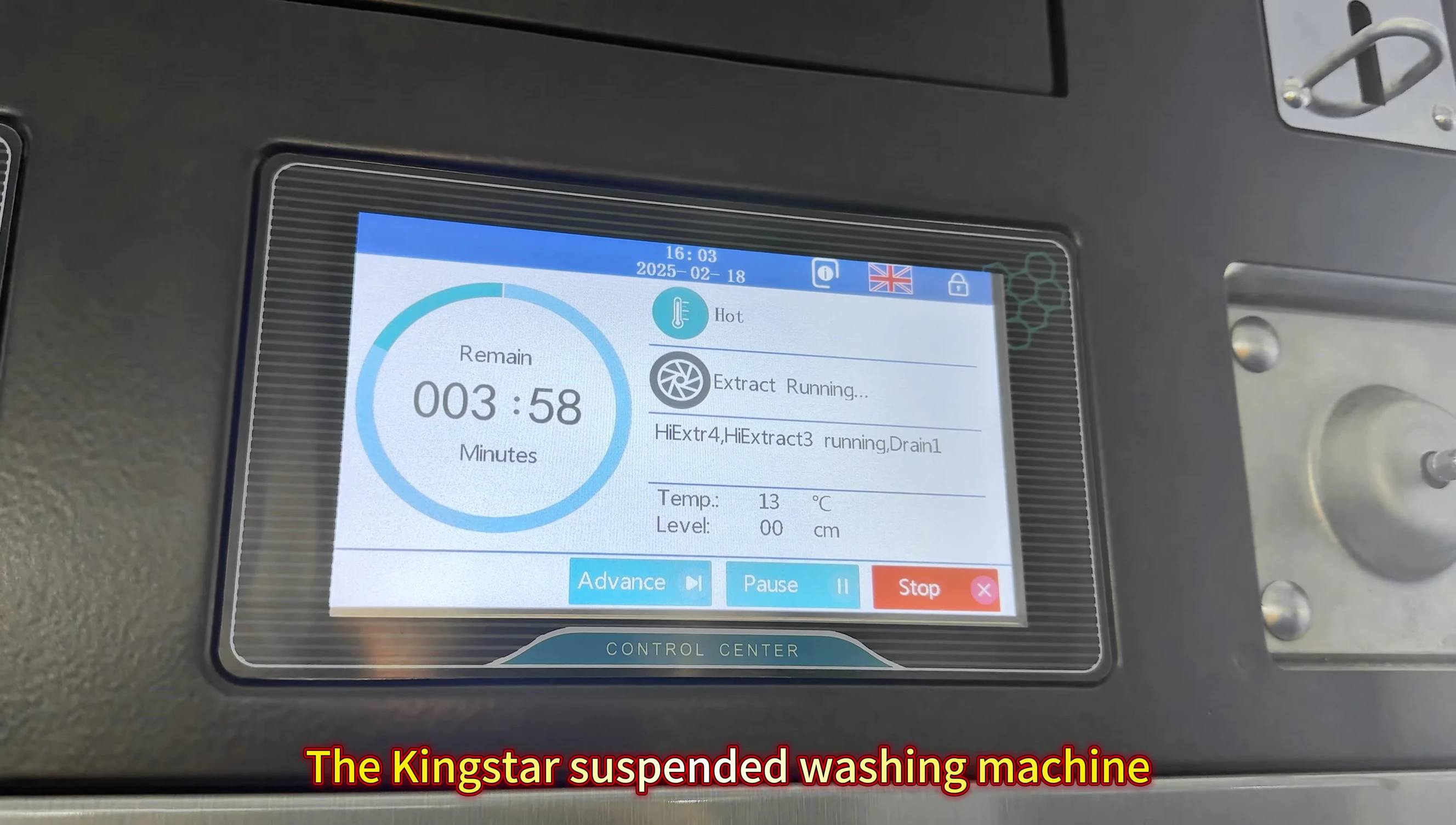Close-up shot of the washer's control panel, highlighting the high RPM setting.