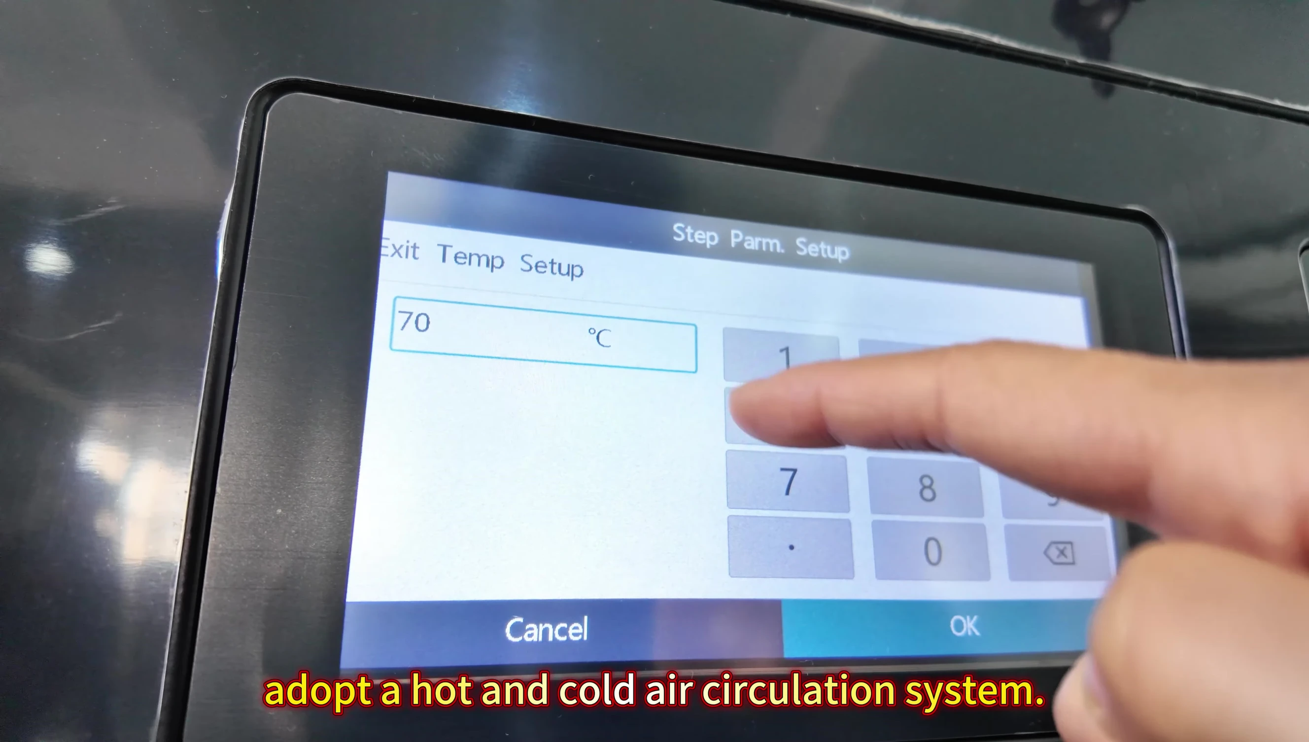 Control panel showing temperature settings and automated hot/cold air cycles.
