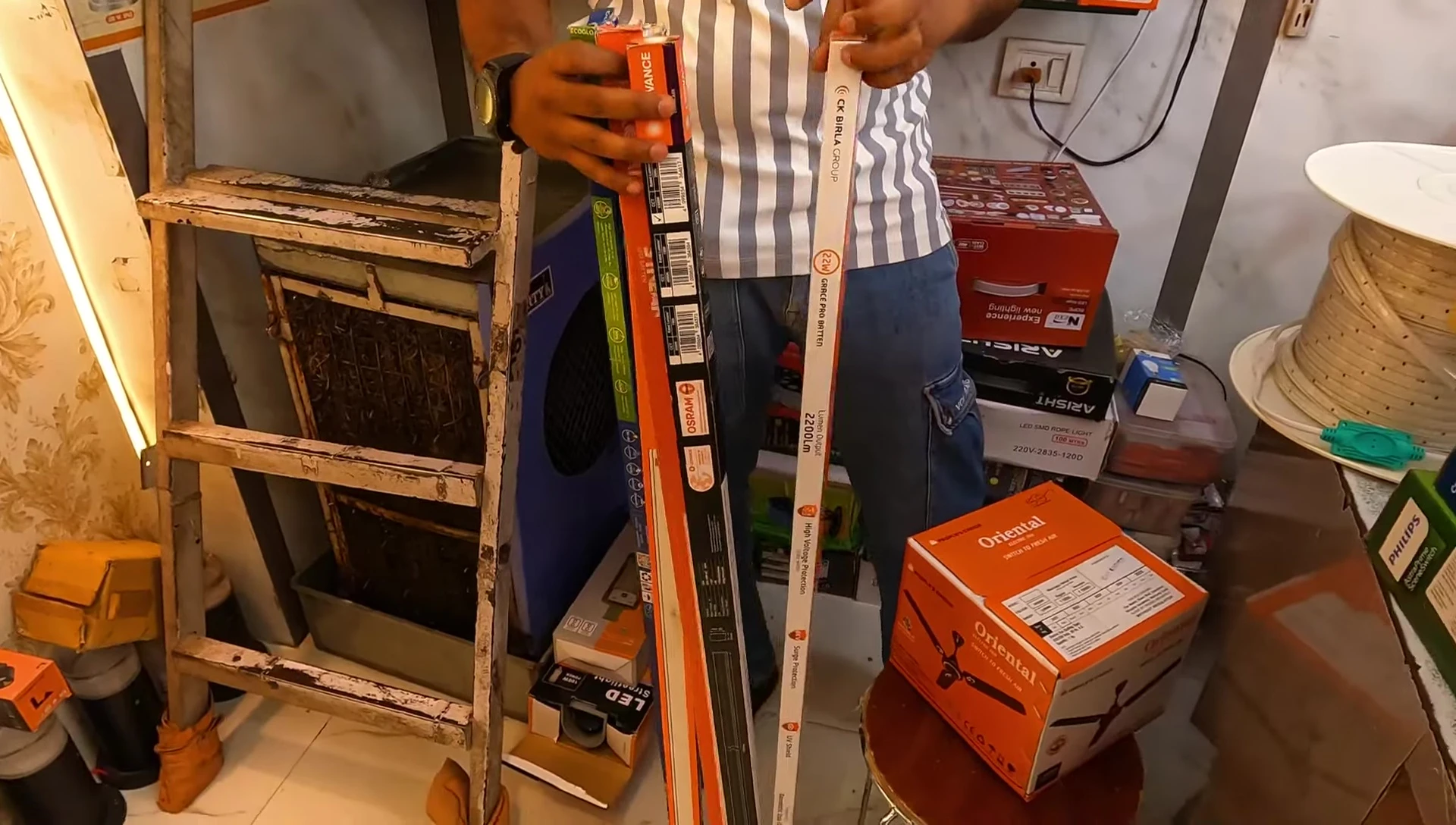 Close-up shot of LED tube light packaging