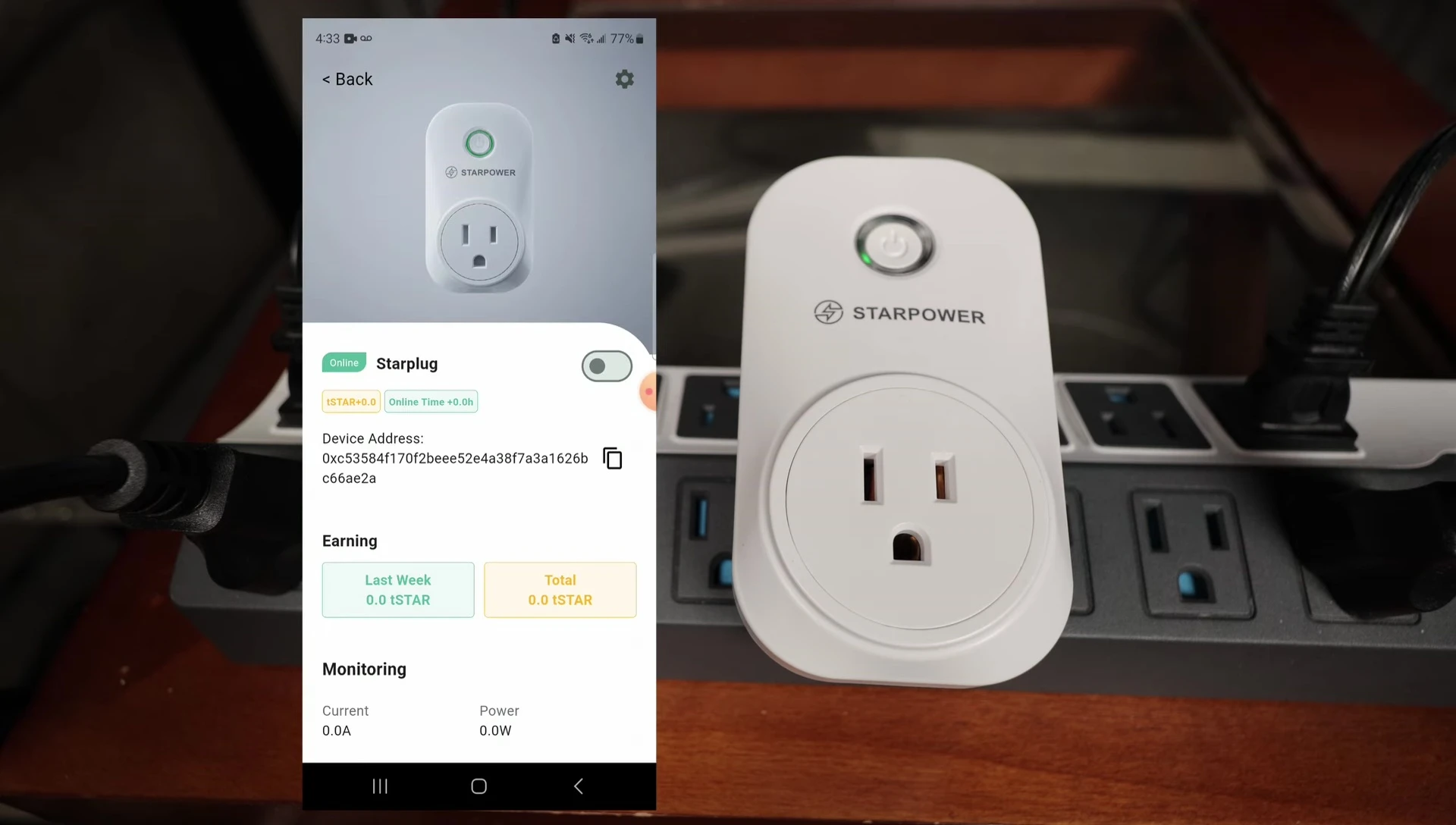 Screenshot showing the app's controls for turning the plug on/off