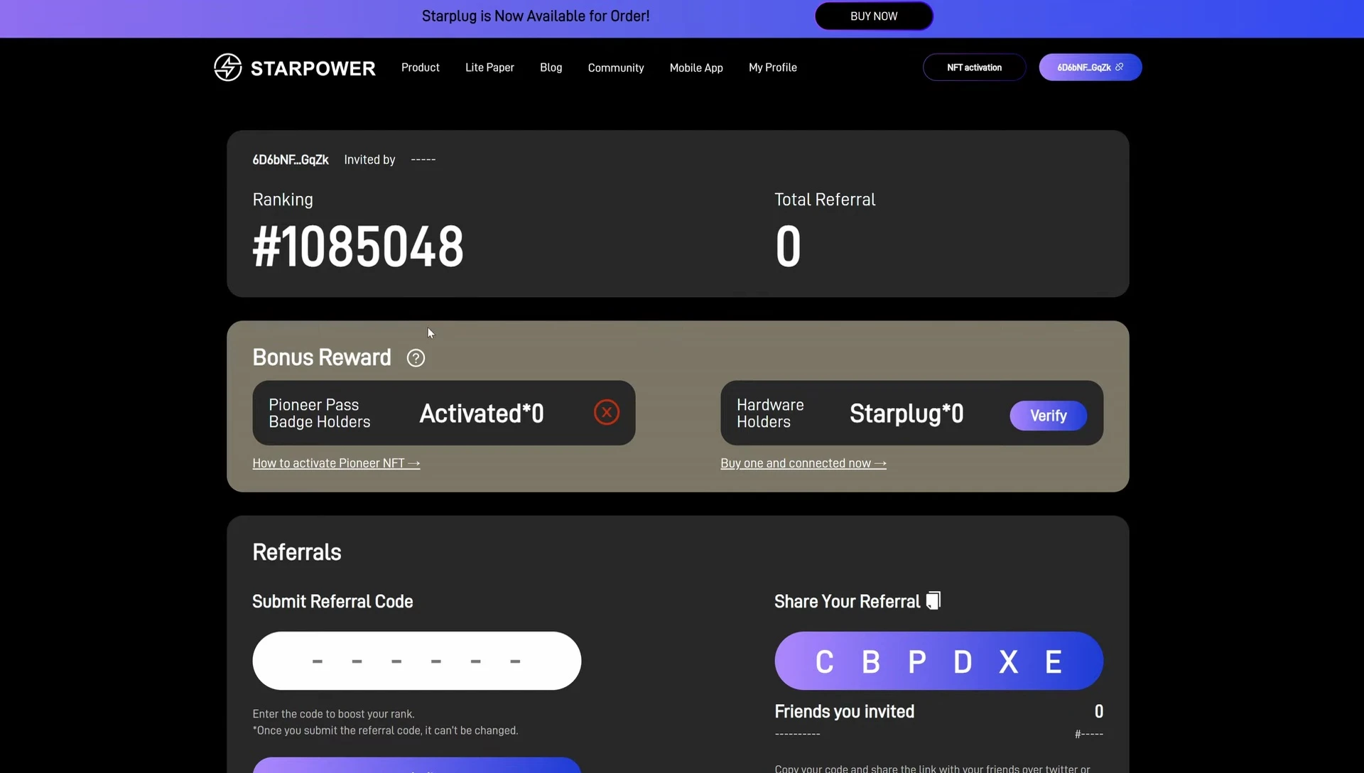 Screenshot of the Star Power dashboard showing NFT information