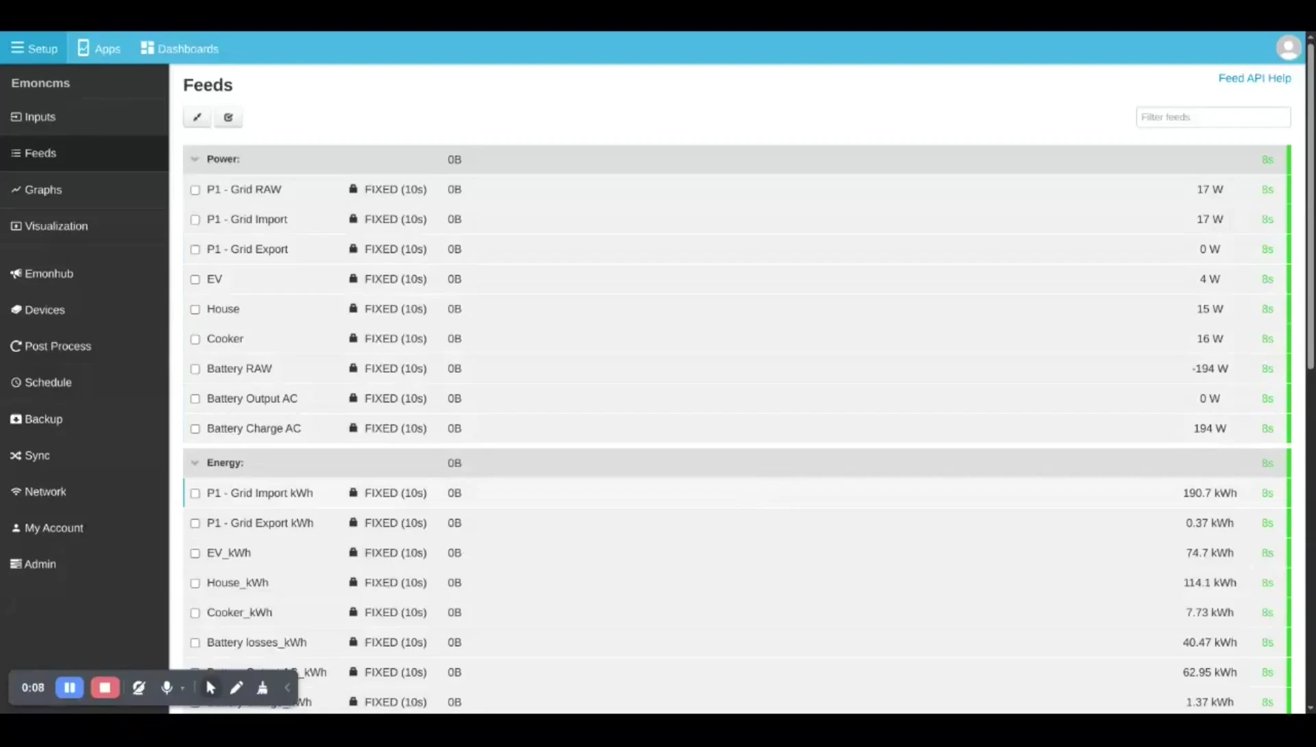 emonPi2 web interface showing daily energy consumption data.