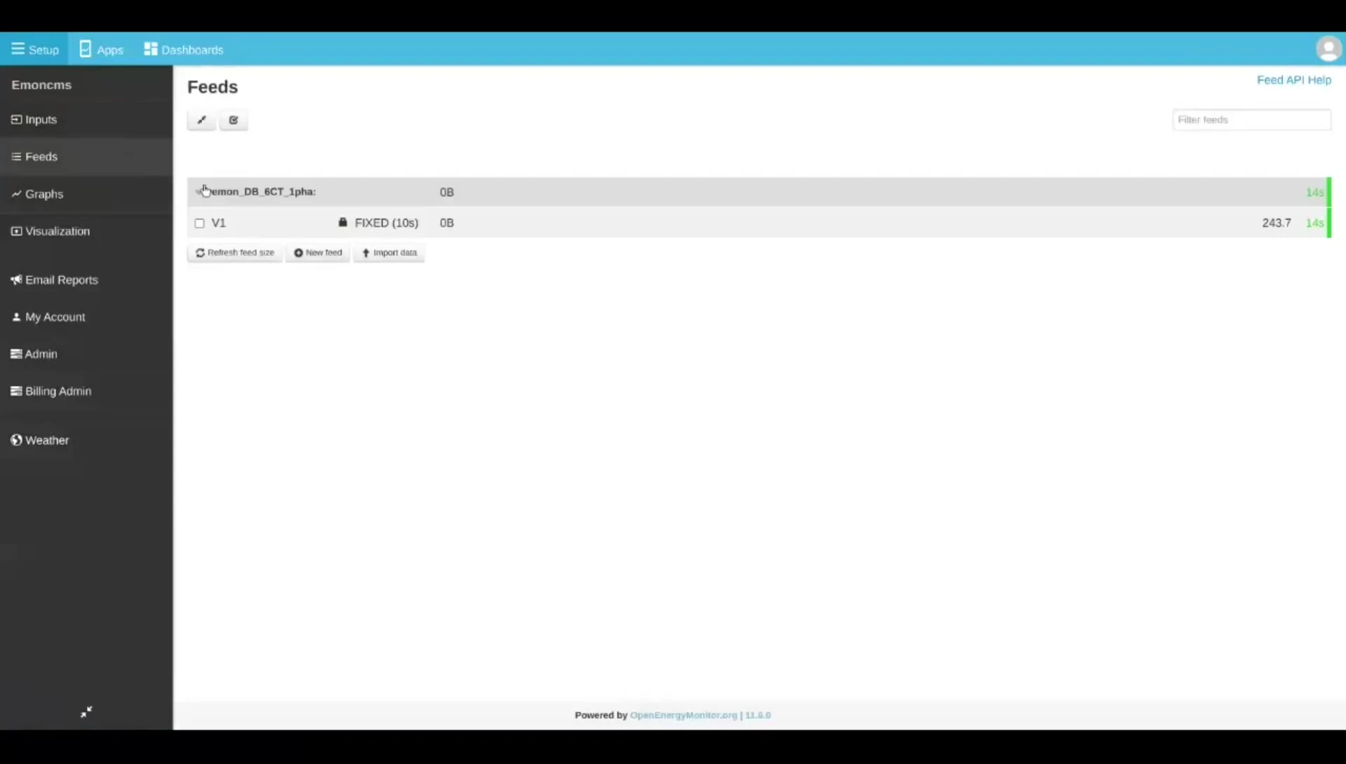 emonPi2 web interface showing the feeds page.