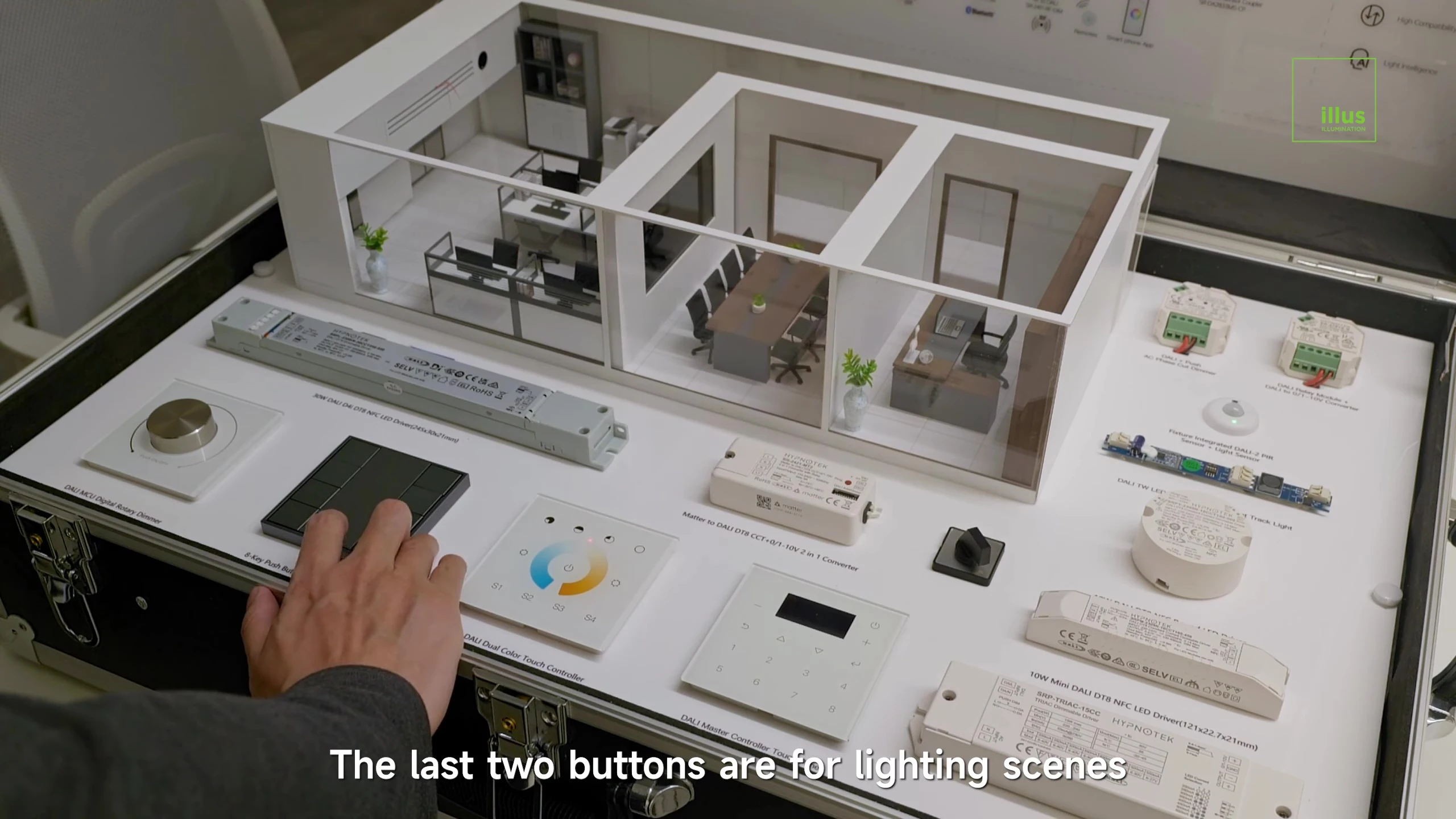 Buttons for selecting cool white and warm white lighting scenes