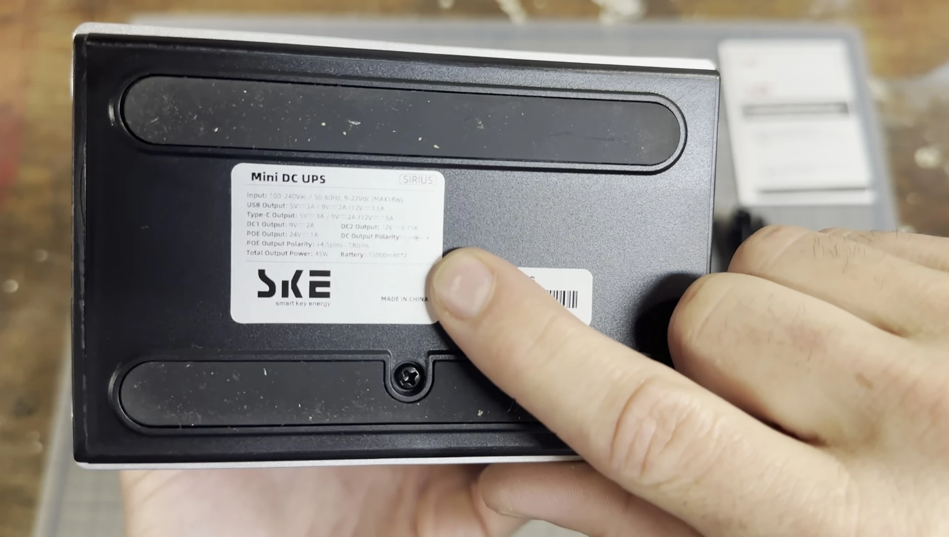 Close-up of the battery specifications sticker