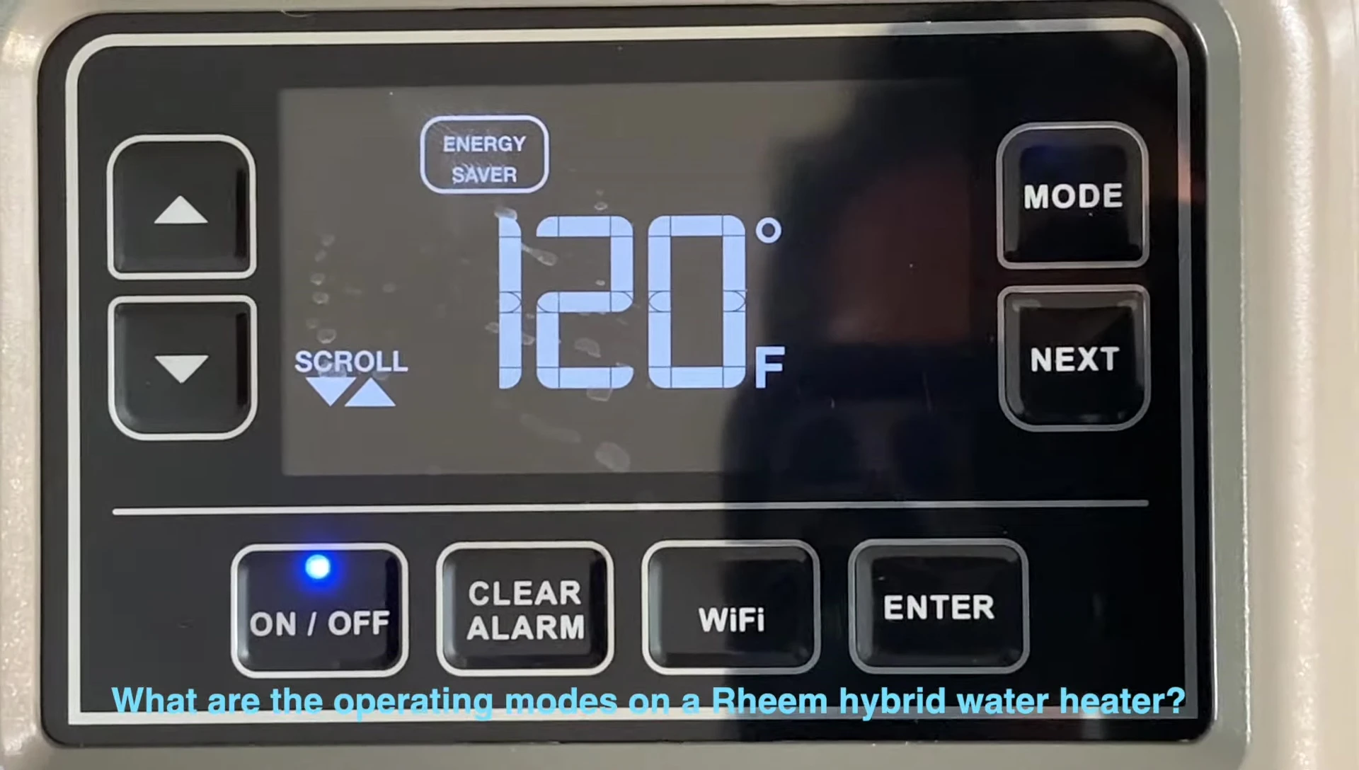 Screenshot showing the Rheem water heater control panel with Energy Saver mode selected.