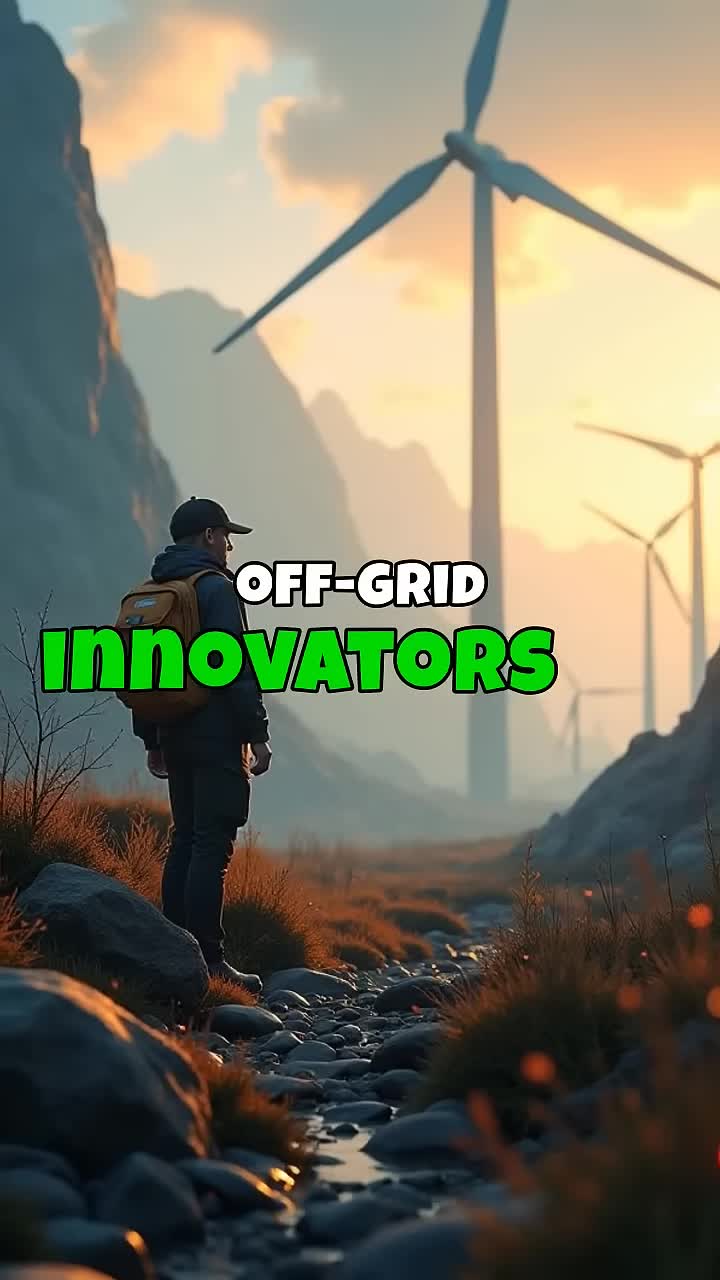 Showcase of solar panels and wind turbines in an off-grid setting.