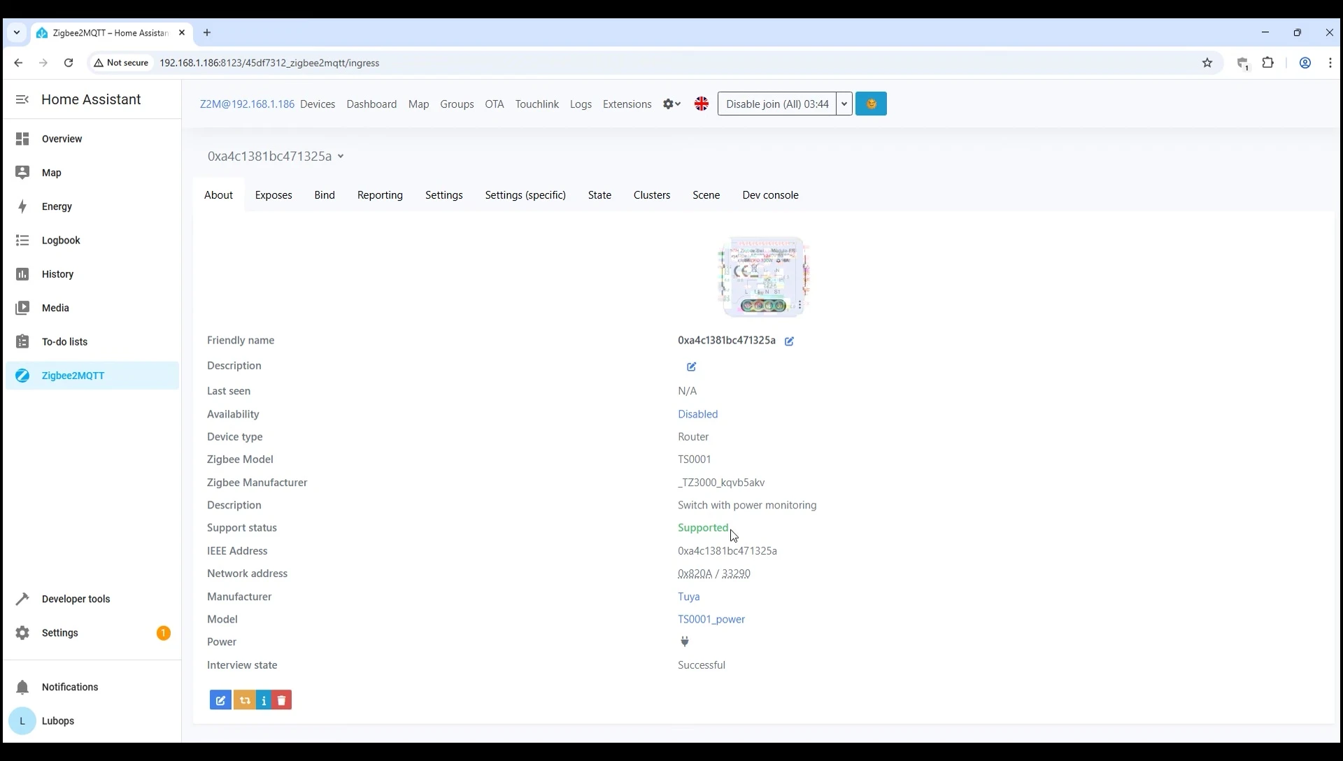 Home Assistant interface with Zigbee2MQTT integration