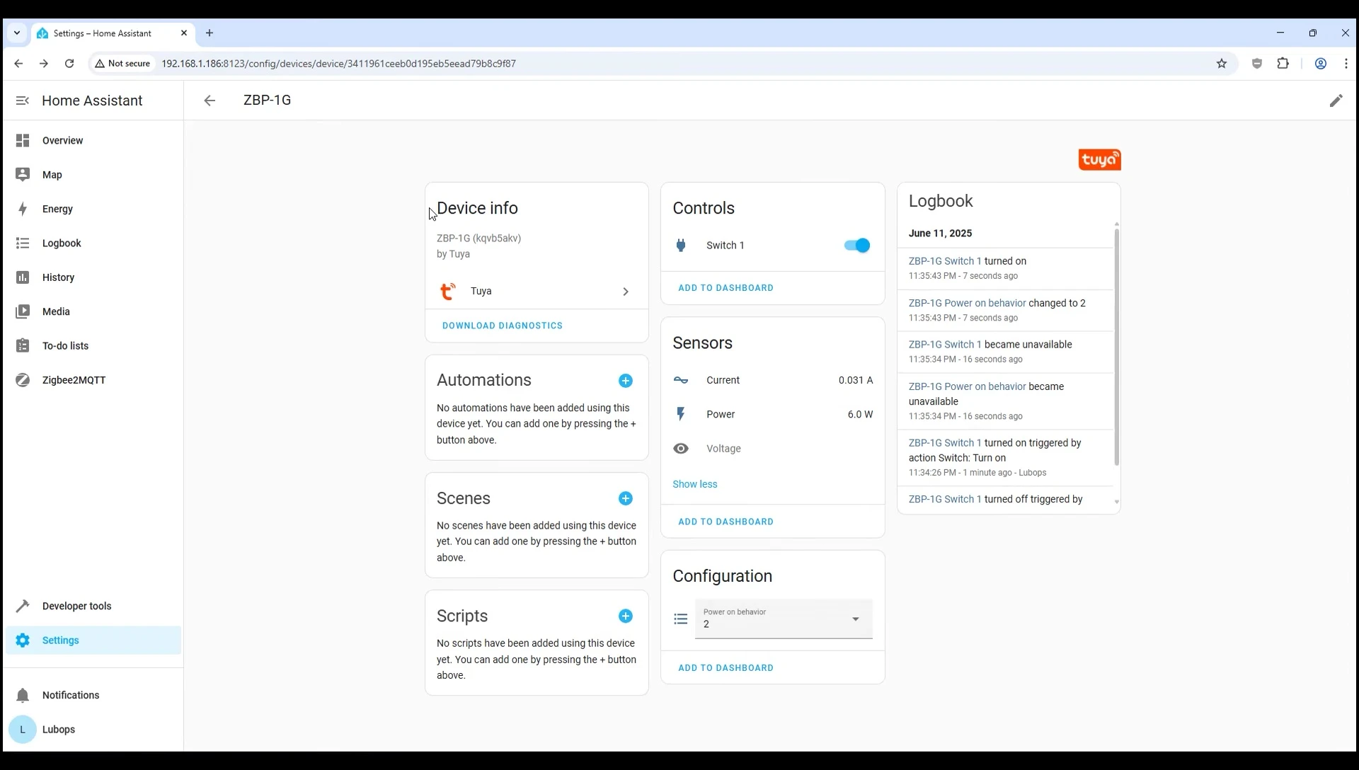 Home Assistant showing relay details
